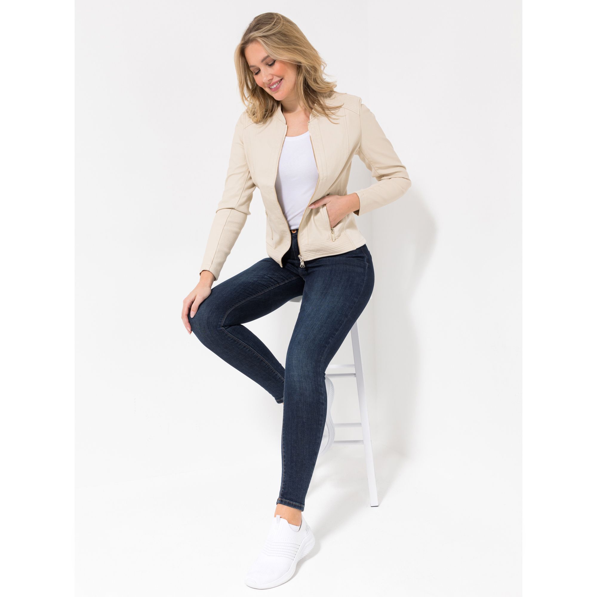 VIA MILANO Jacke, 1/1-Arm Leder-Optik Reissverschluss elastische Einsätze