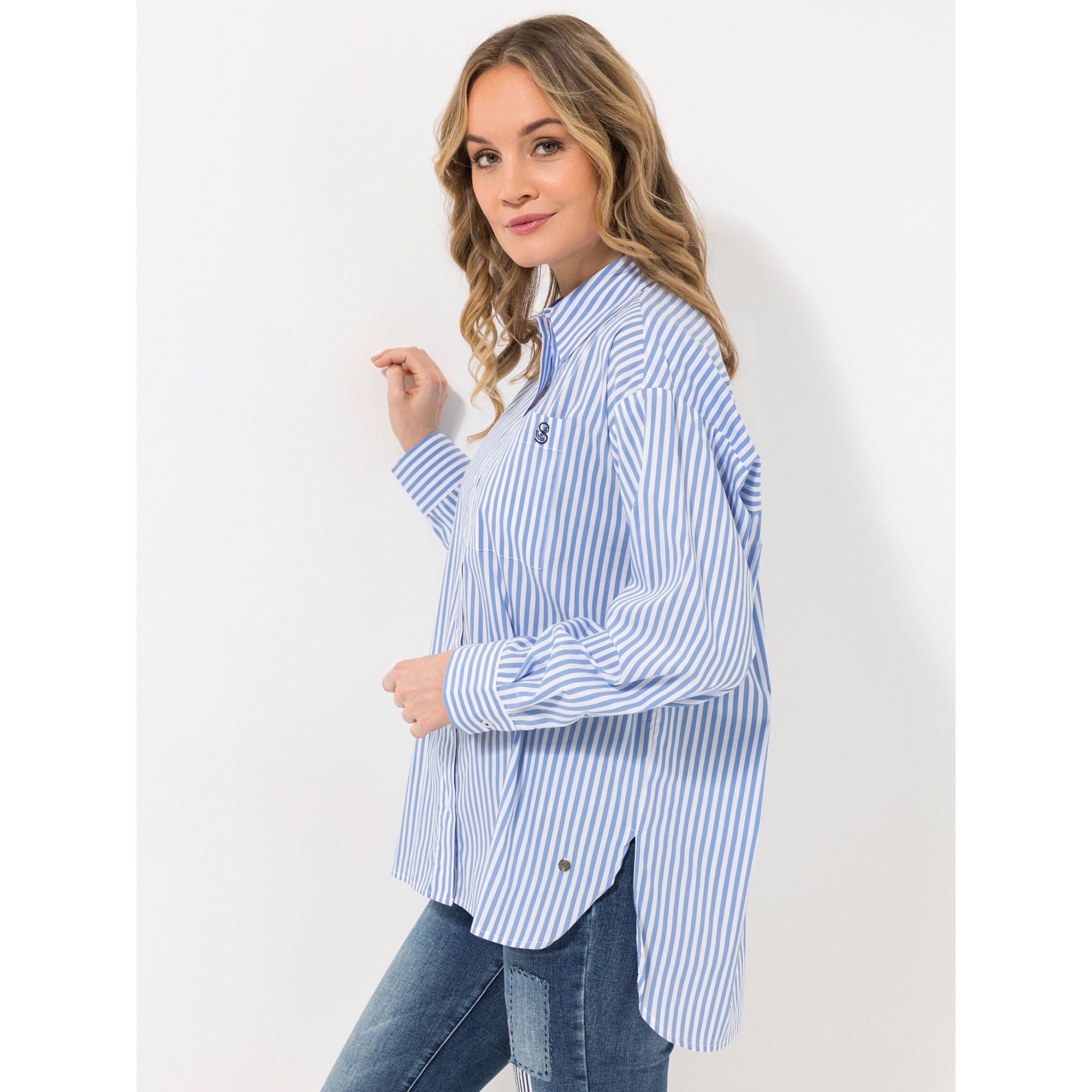 STRANDFEIN Bluse, oversized Hemdblusenkragen Brusttasche leger weit