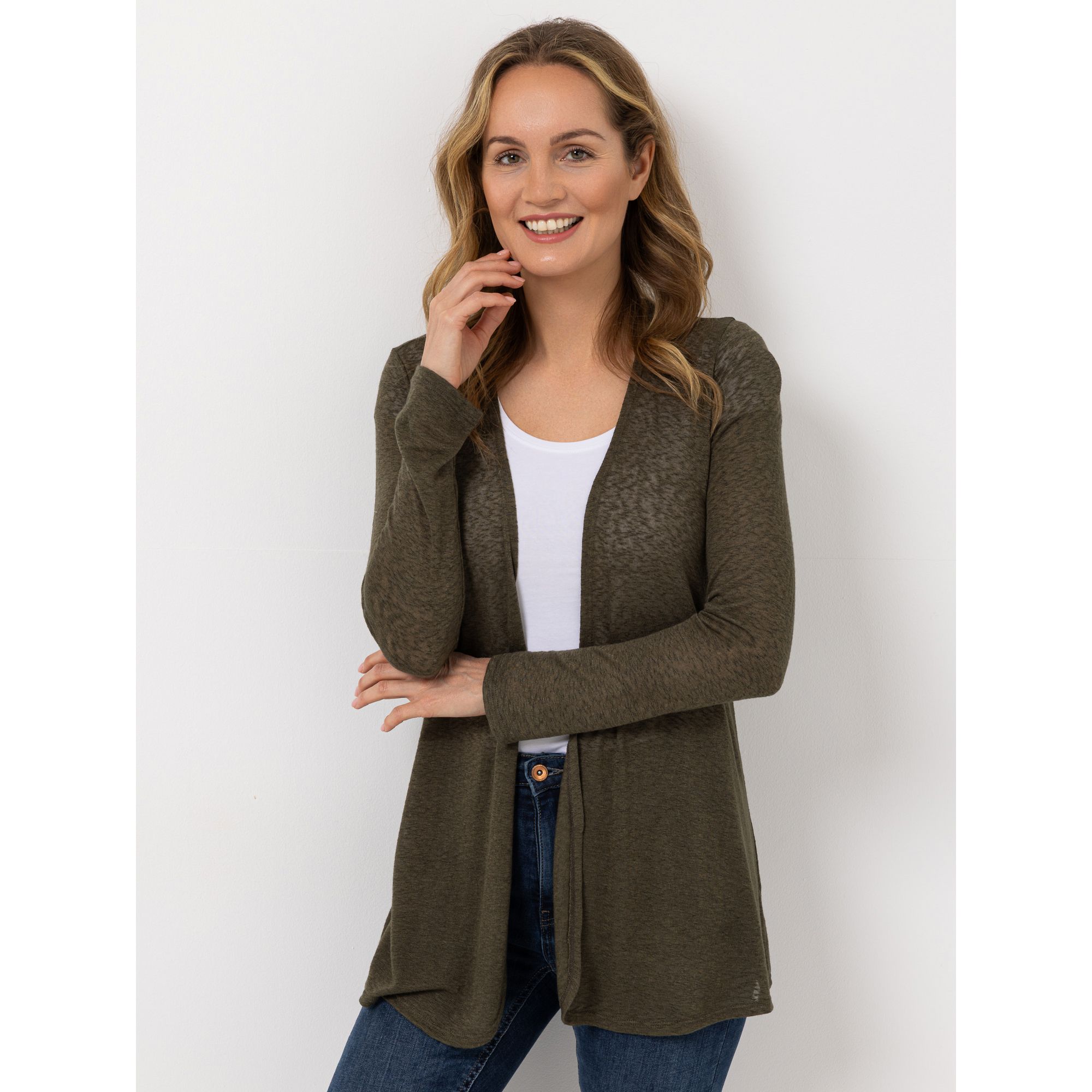 KIM & CO. Cardigan. Langarm Leinen-Optik Jersey offene Front figurumspielend