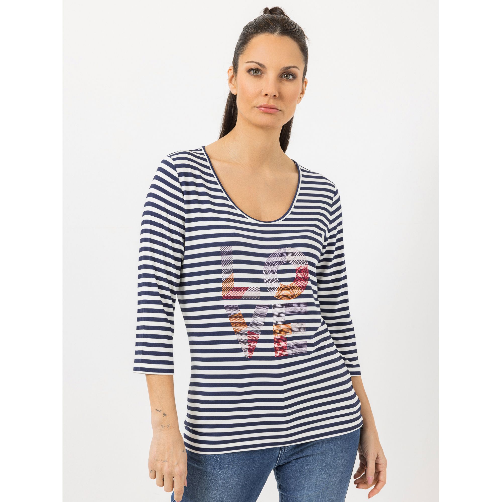 STEFFEN SCHRAUT Shirt, 3/4-Arm tiefer Rundhals Strassdetails figurumspielend