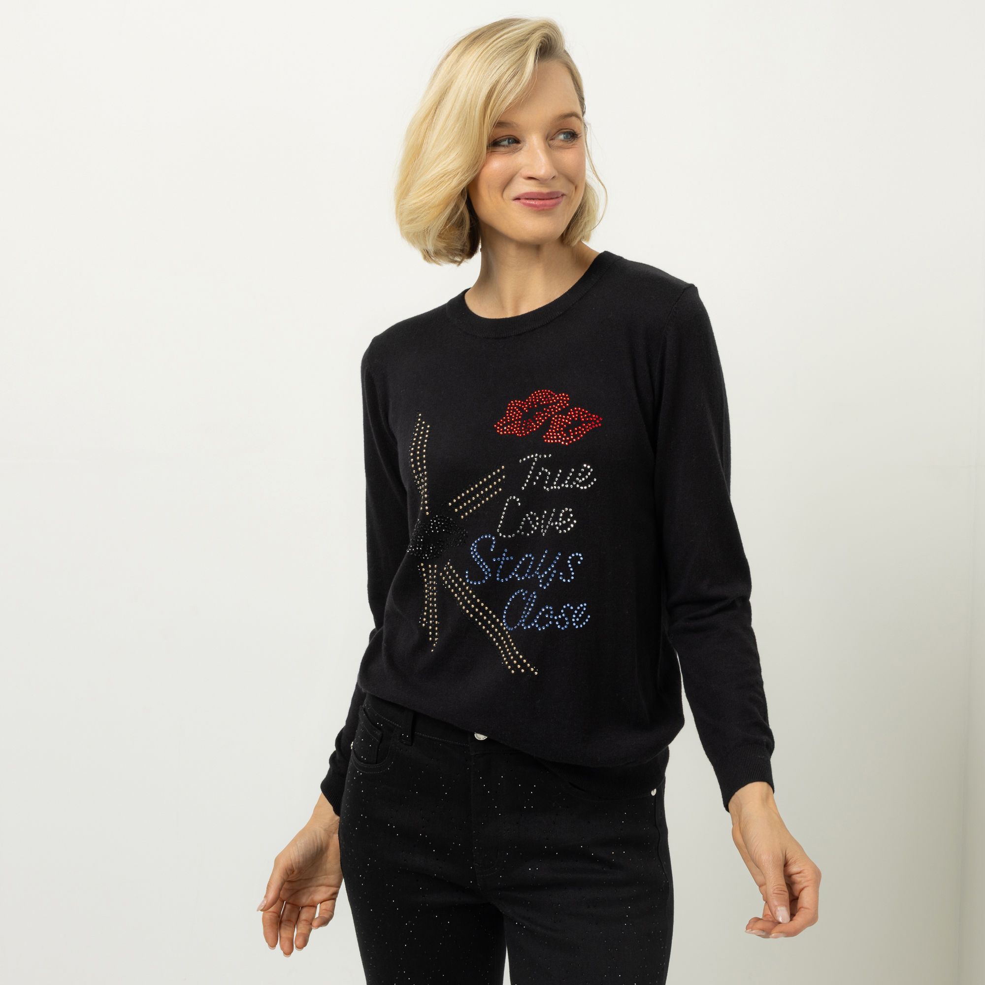 KILIAN KERNER SENSES Pullover Rundhalsausschnitt Strass-Applikation figurumspielend