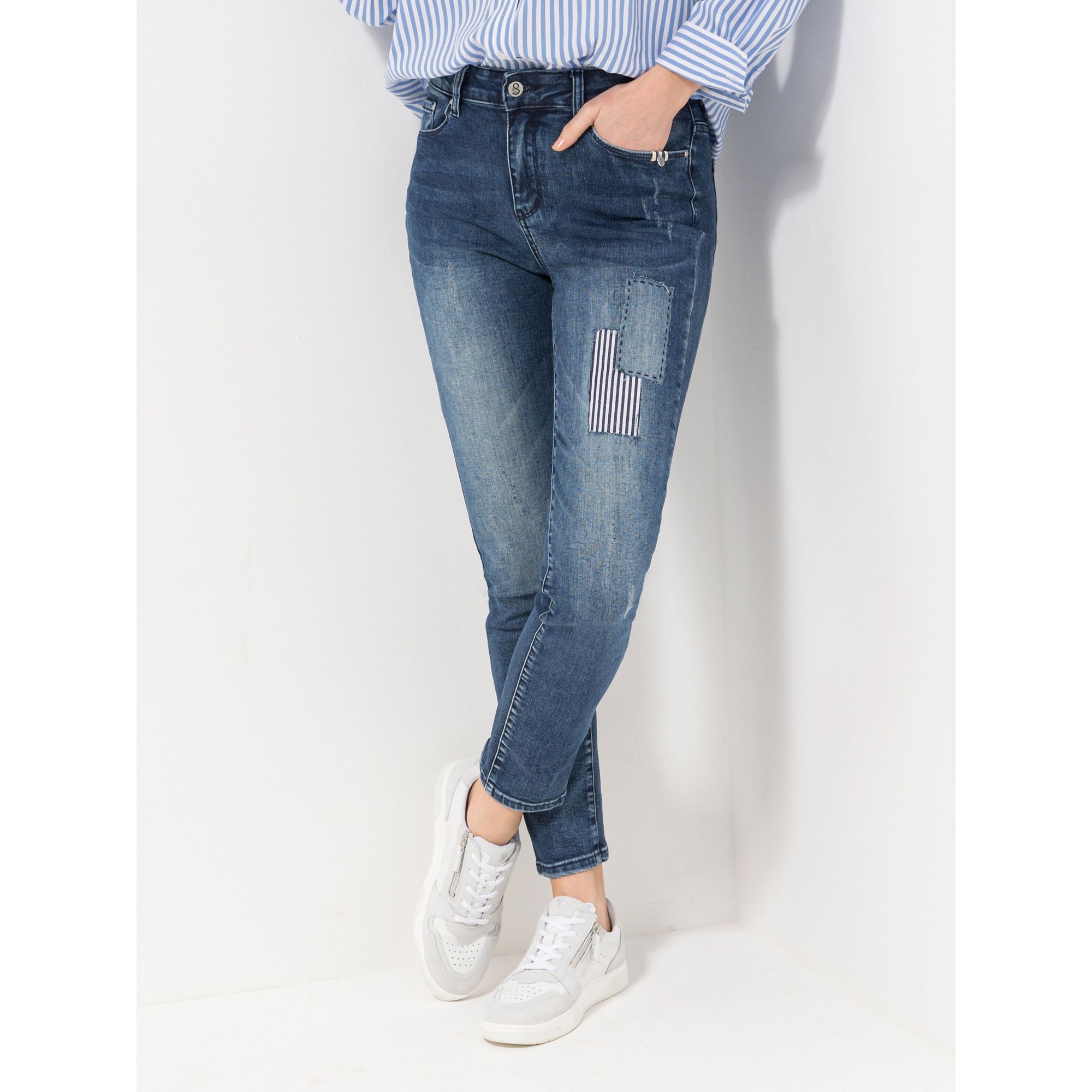 STRANDFEIN Jeanshose Patches knöchellang schmales Bein