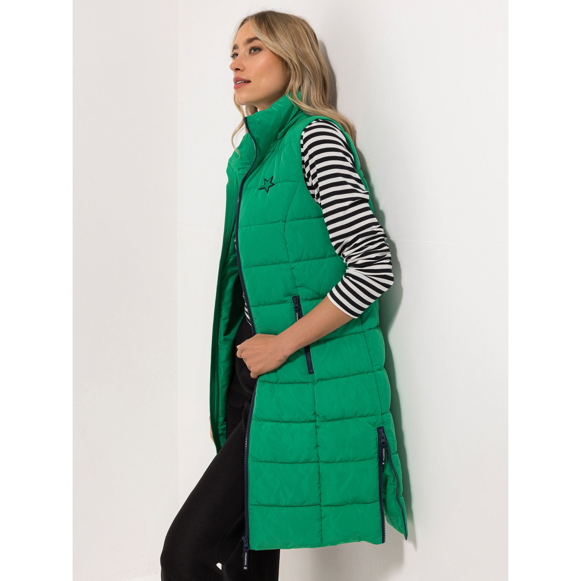 STRANDFEIN Steppweste lange Form abnehmbare Kapuze Stern-Steppung