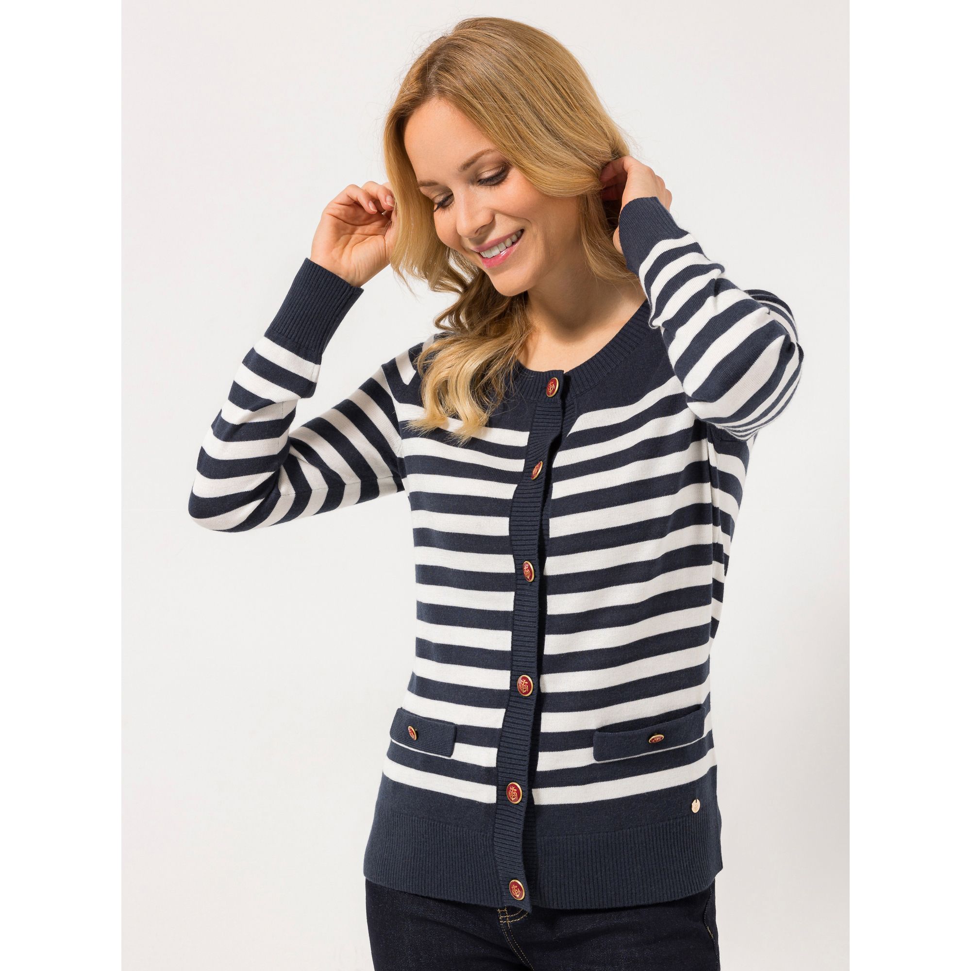 STRANDFEIN Cardigan Rundhalsausschnitt Schmuckknöpfe figurumspielend