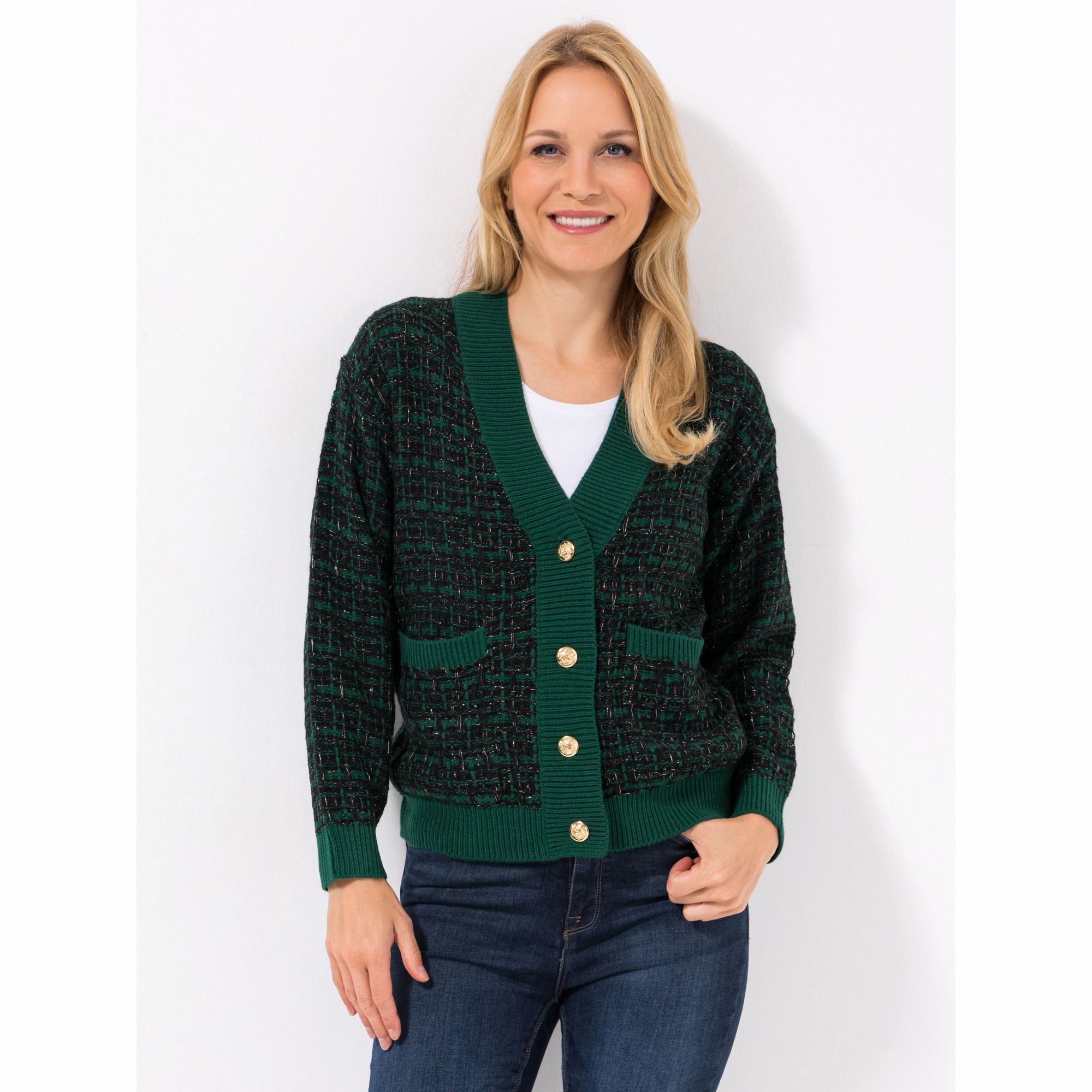 ANNI FOR FRIENDS Cardigan, 1/1-Arm tiefer V-Ausschnitt Schmuckknopfleiste figurumspielend