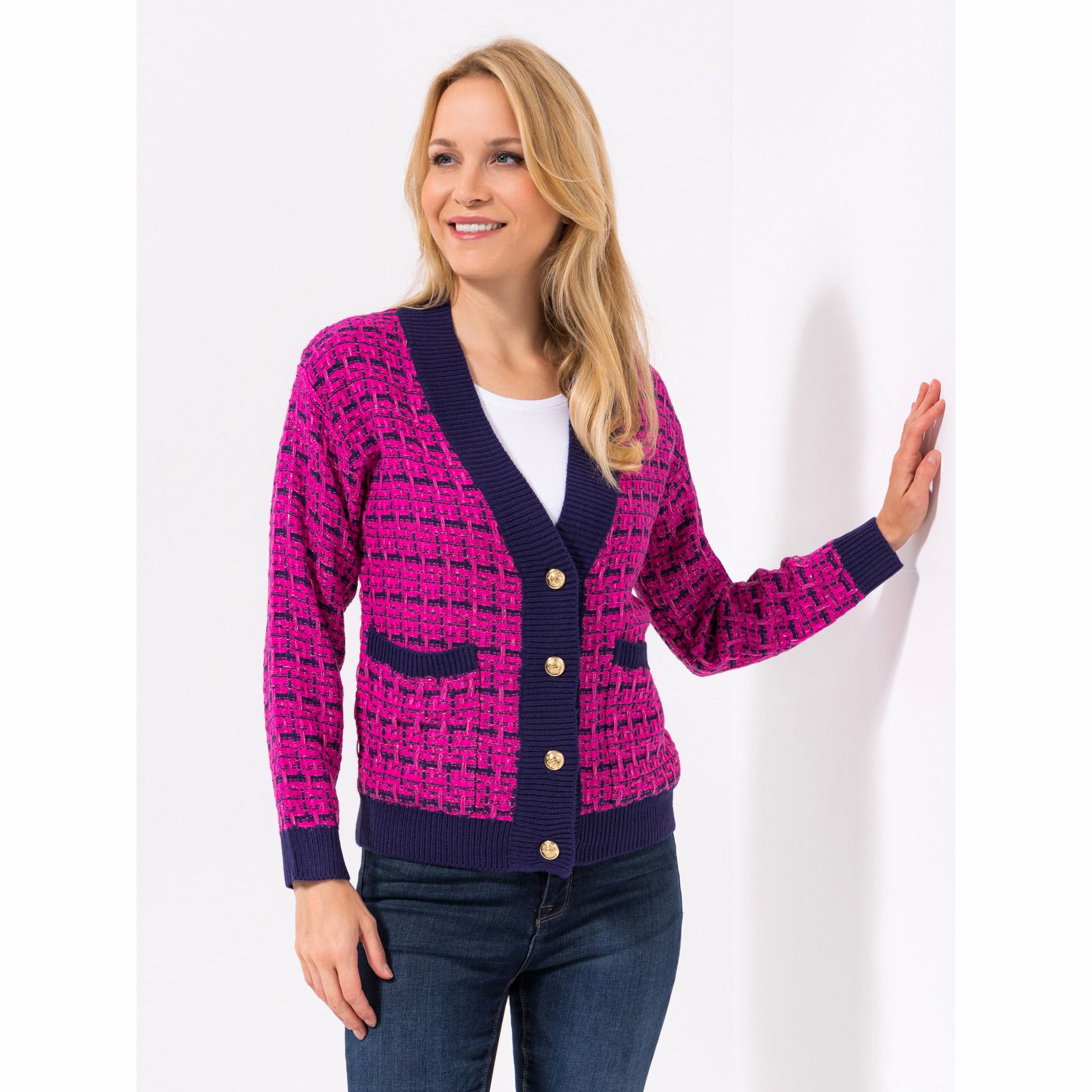 ANNI FOR FRIENDS Cardigan, 1/1-Arm tiefer V-Ausschnitt Schmuckknopfleiste figurumspielend