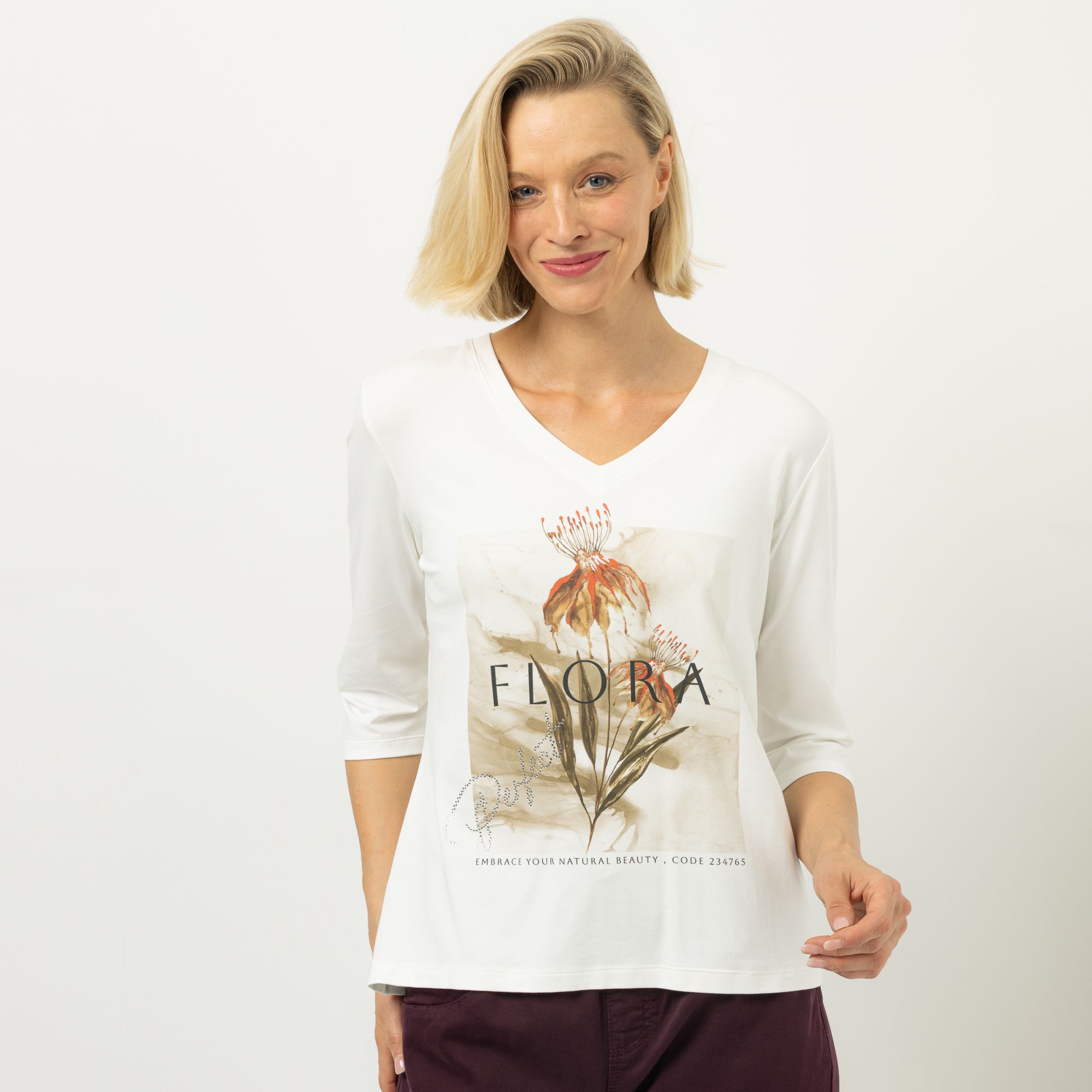 DINE 'N' DANCE Shirt, 3/4 Arm V-Ausschnitt platzierter Druck figurumspielend