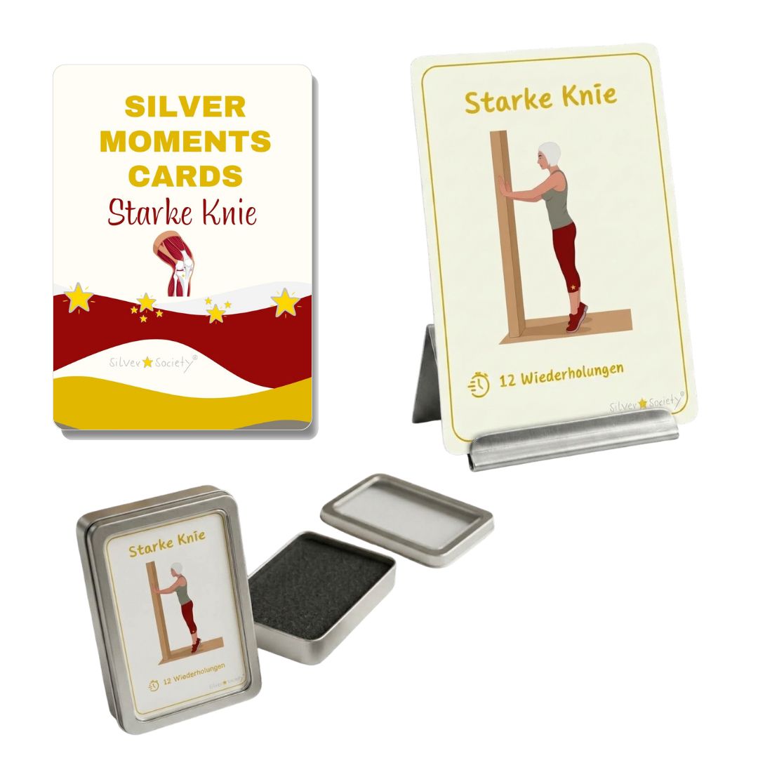 SILVER STAR SOCIETY® Starke Knie Übungskarten Set inkl. Kartenhalter Aufbewahrungsbox