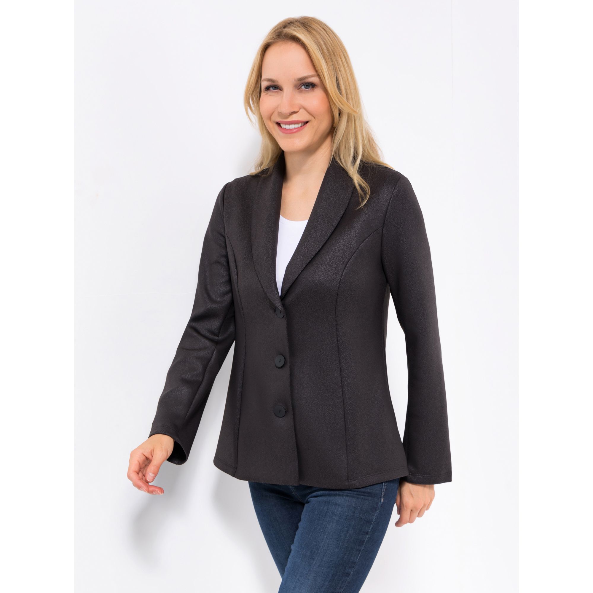 KIM & CO. Blazer, Schalkragen Scuba Leder Optik 3 Knopf Verschluss figurumspielend