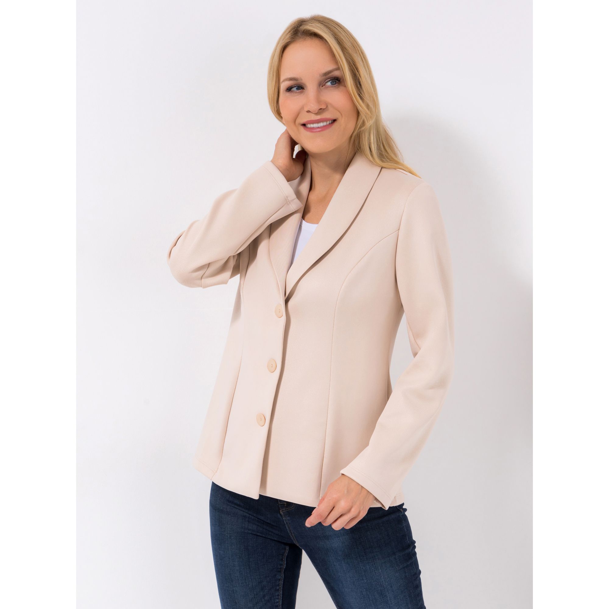 KIM & CO. Blazer, Schalkragen Scuba Leder Optik 3 Knopf Verschluss figurumspielend