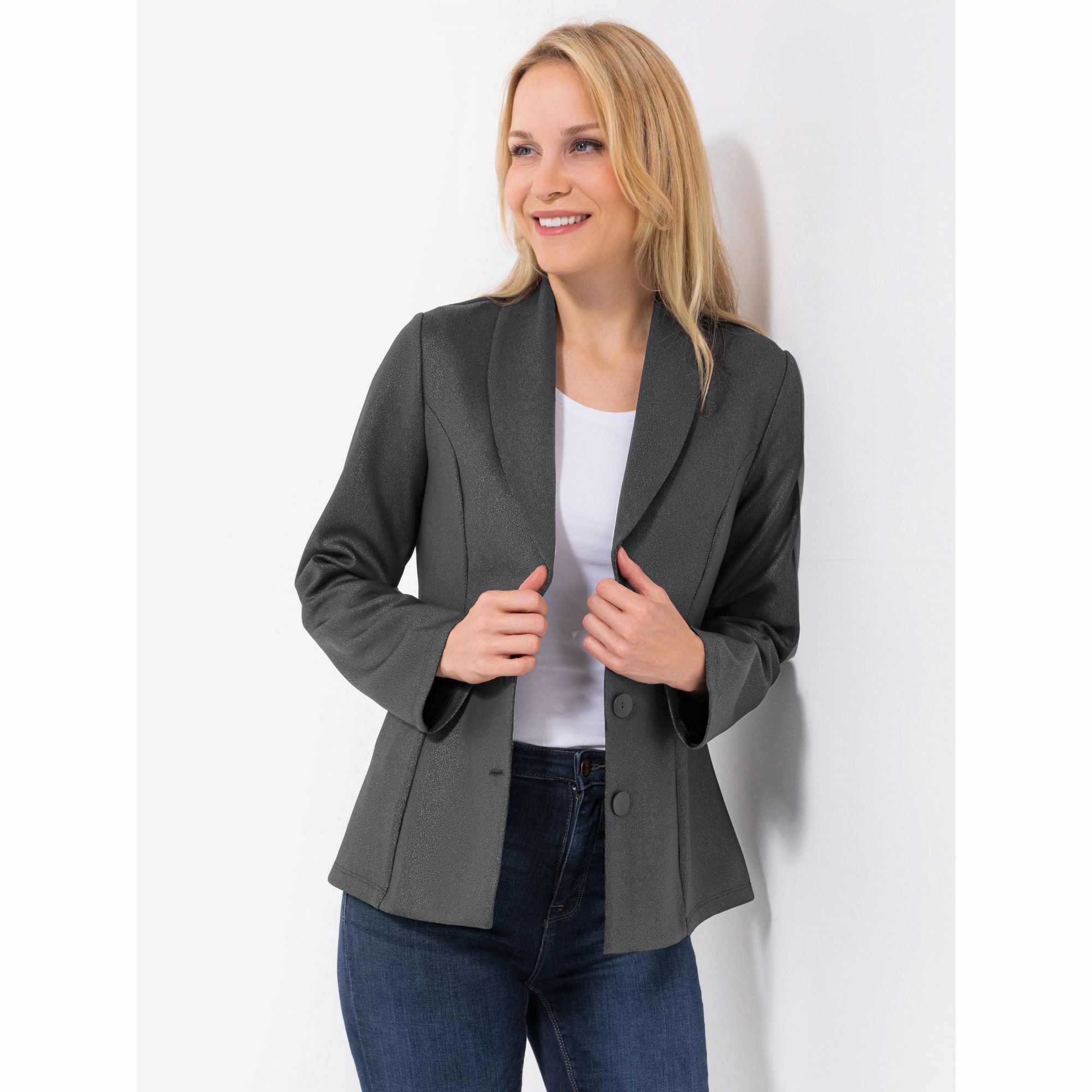 KIM & CO. Blazer, Schalkragen Scuba Leder Optik 3 Knopf Verschluss figurumspielend