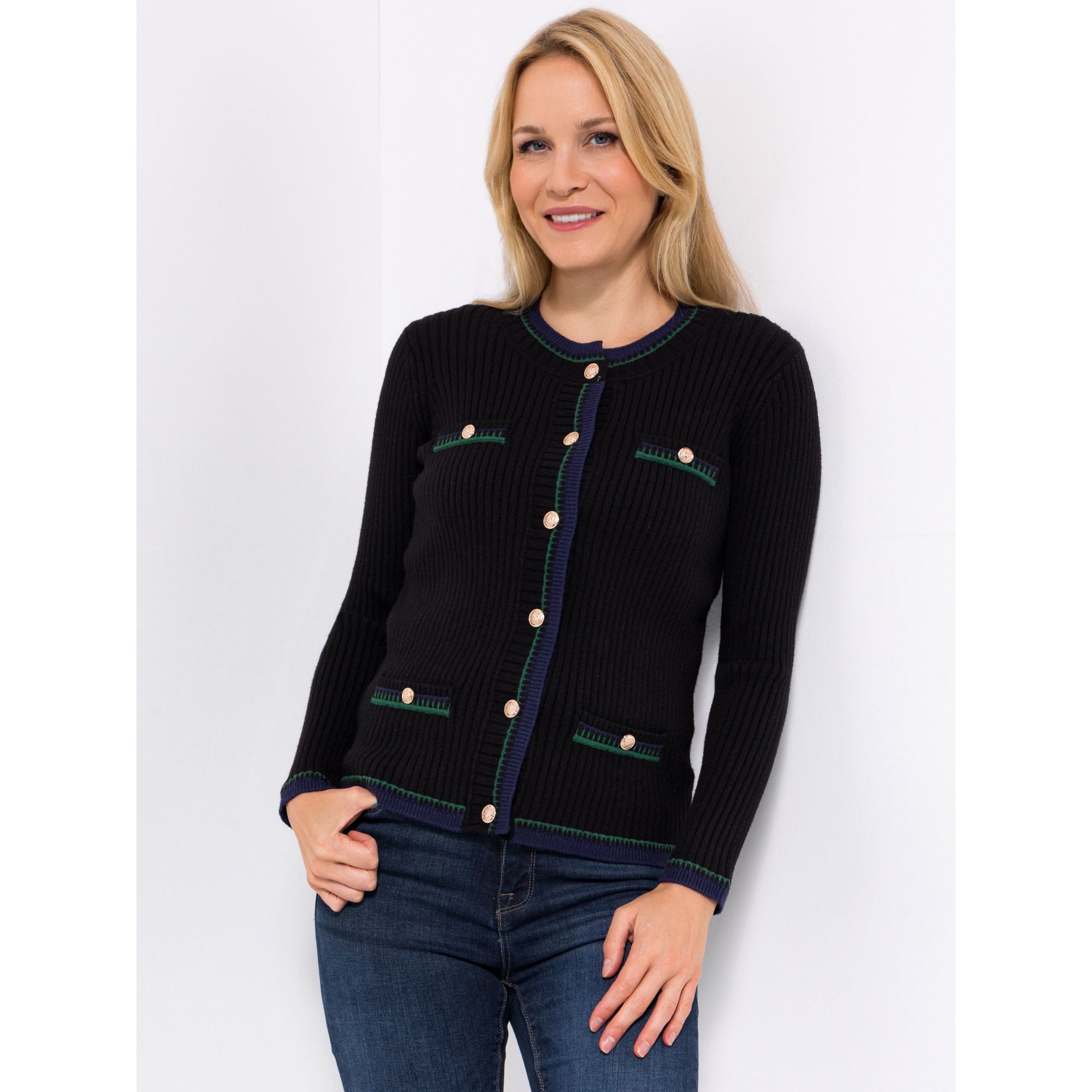 ANNI FOR FRIENDS Cardigan, Rippstrick Rundhalsausschnitt Kontrastdetails figurbetont