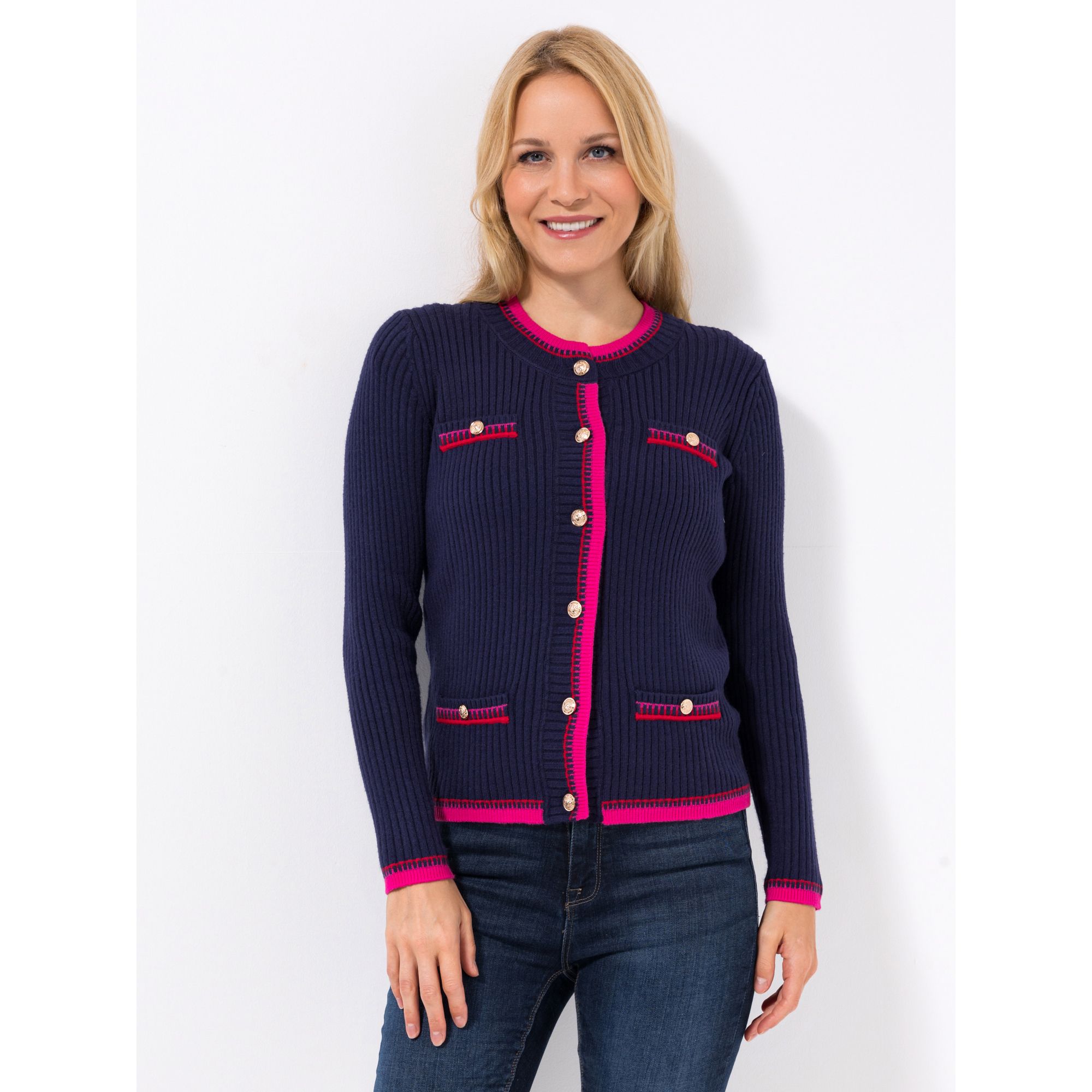 ANNI FOR FRIENDS Cardigan, Rippstrick Rundhalsausschnitt Kontrastdetails figurbetont