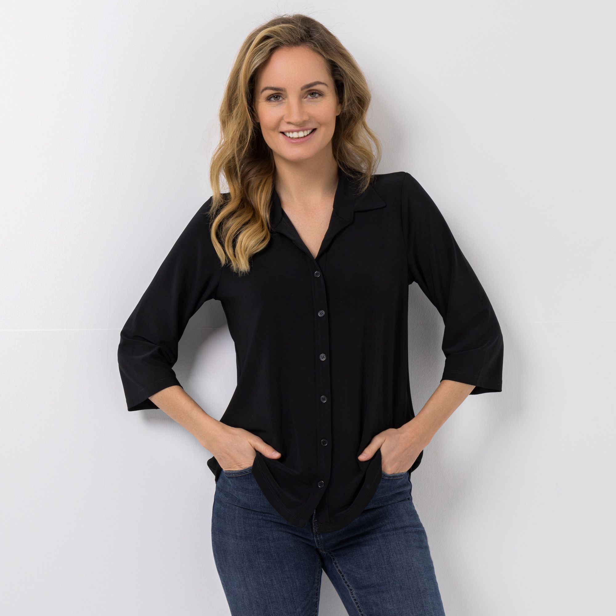 KIM & CO. Jerseybluse, 3/4-Arm Brazil Knit Jersey Knopfleiste figurumspielend