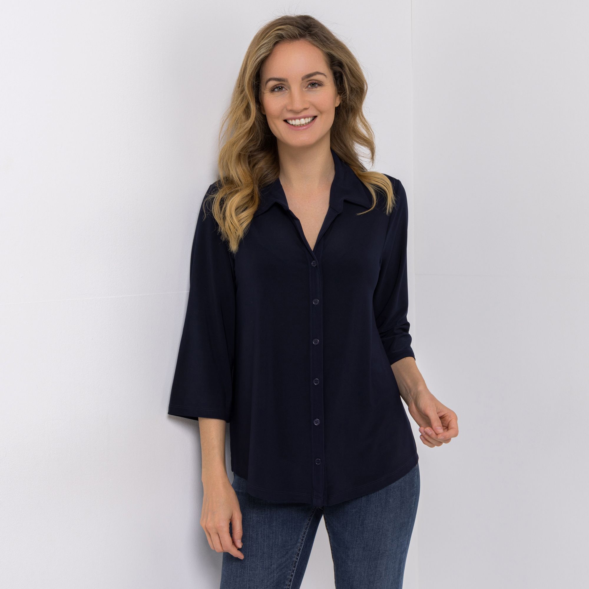 KIM & CO. Jerseybluse, 3/4-Arm Brazil Knit Jersey Knopfleiste figurumspielend