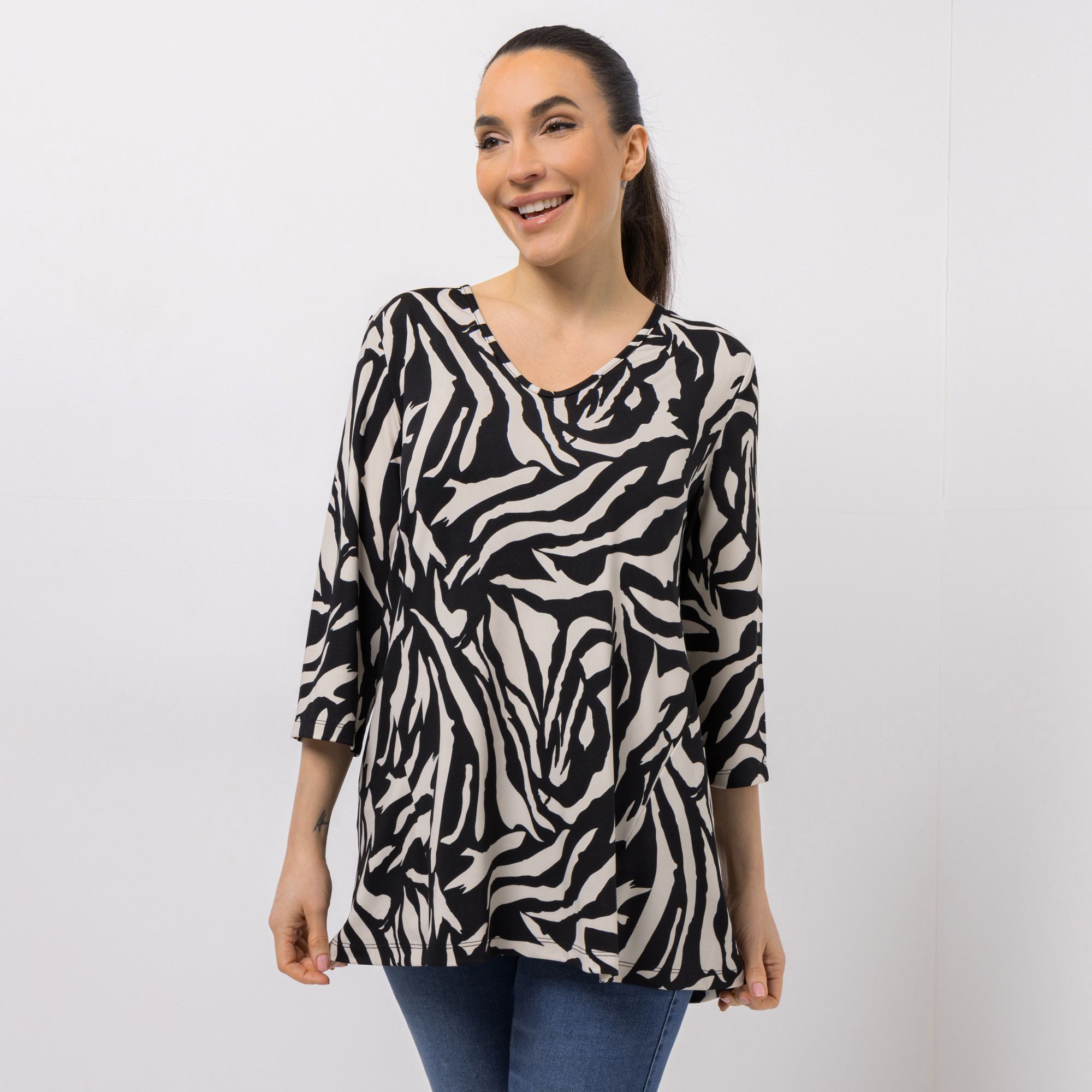 KIM & CO. Longshirt, 3/4-Arm Brazil Knit Jersey V-Ausschnitt figurumspielend