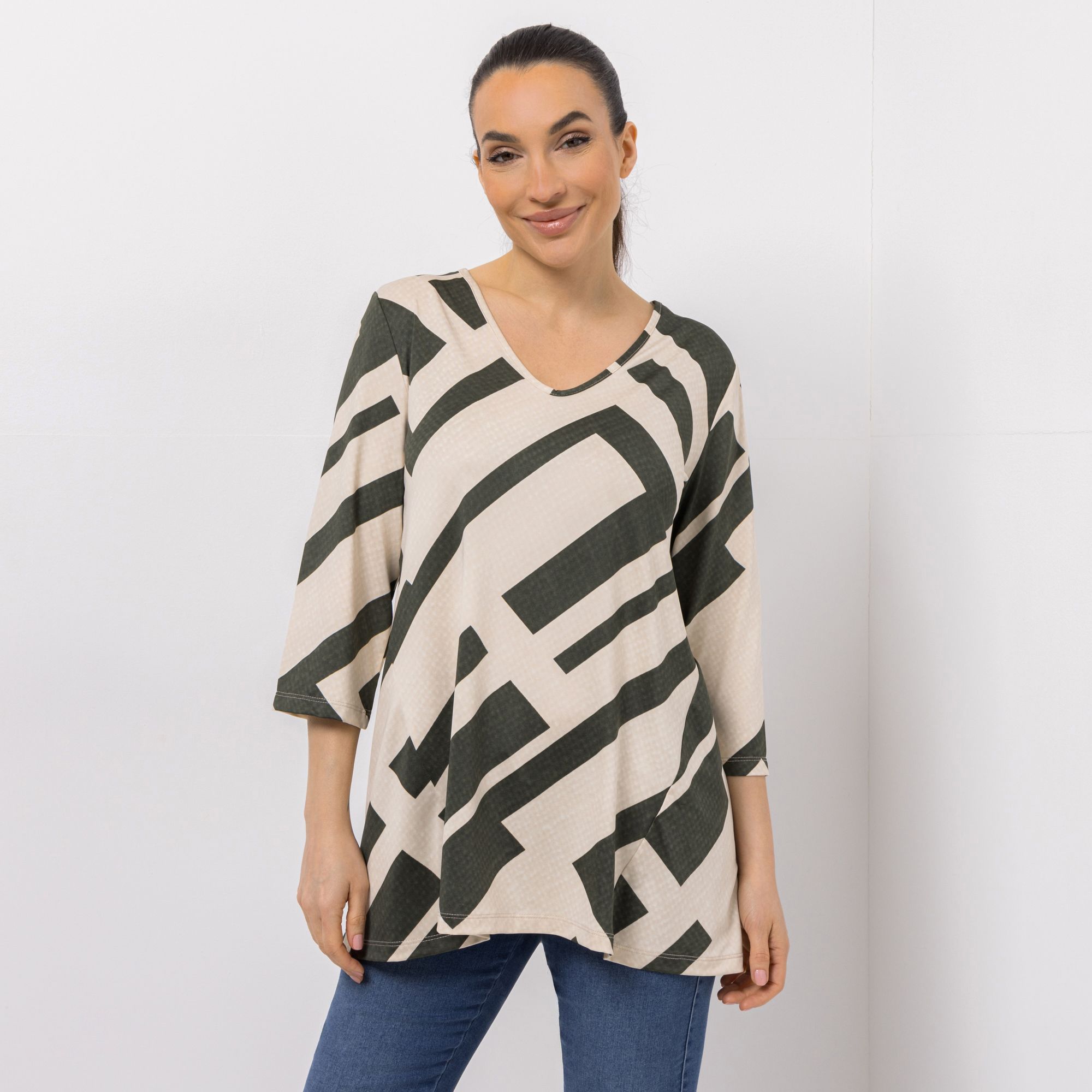 KIM & CO. Longshirt, 3/4-Arm Brazil Knit Jersey V-Ausschnitt figurumspielend