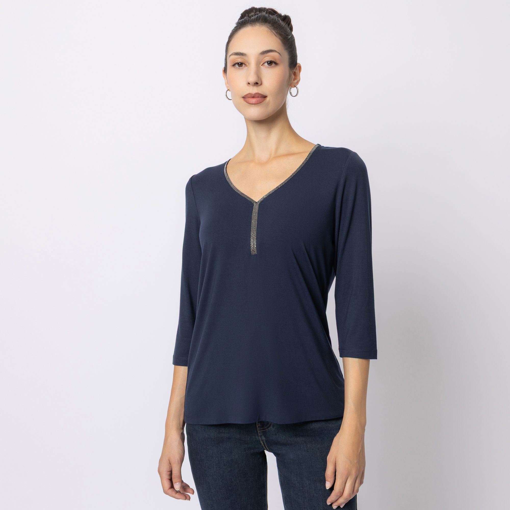 STEFFEN SCHRAUT Shirt, 3/4 Arm V-Ausschnitt Zierband aus ECOVERO™ Viskose