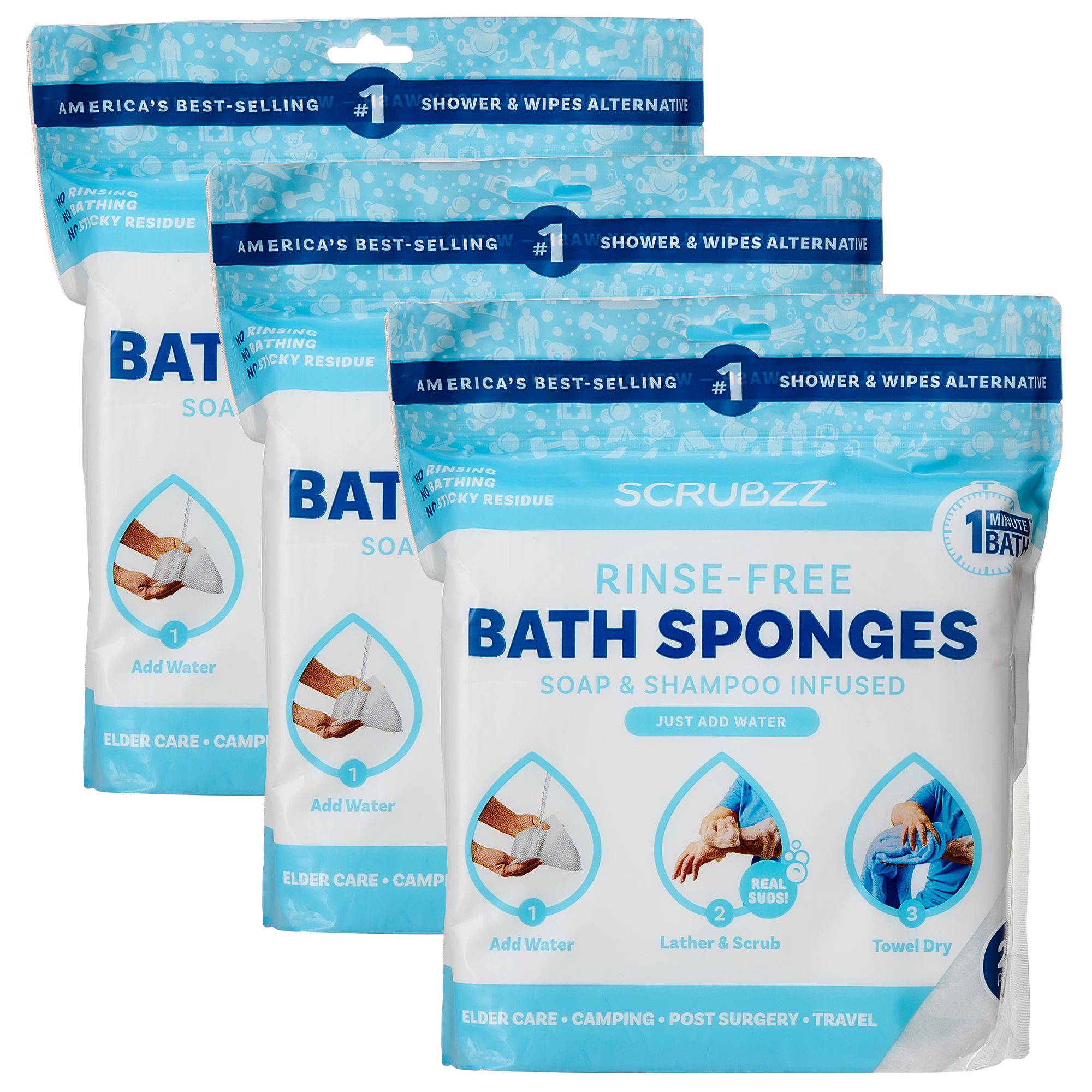 SCRUBZZ Einweg-Waschtücher sofortiger Einsatz mit ein wenig Wasser 3 er Pack á 25 Tücher