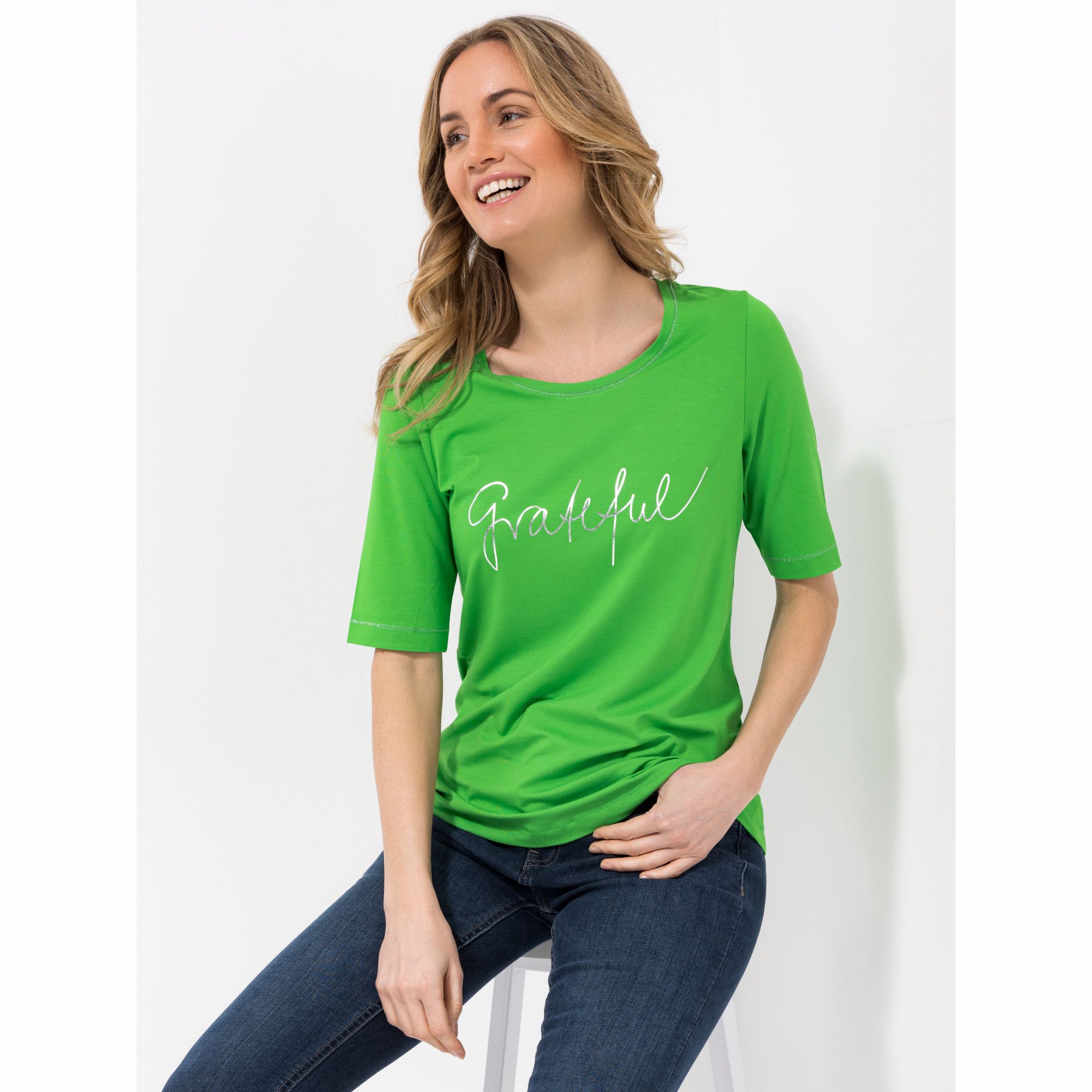 EVA LUTZ Shirt, langer 1/2-Arm Rundhalsausschnitt Folien-Druck figurumspielend