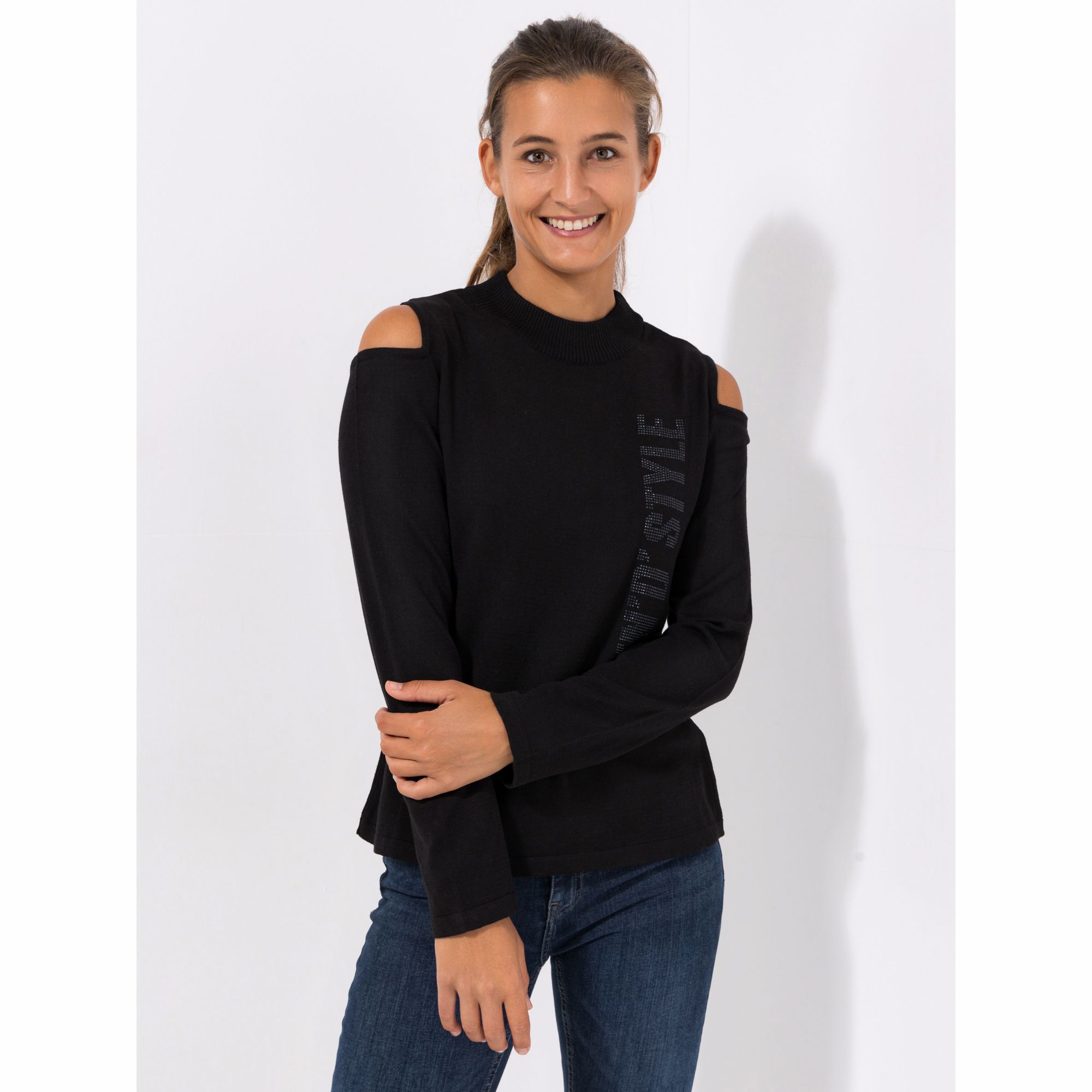 DINE 'N' DANCE Pullover, 1/1-Arm Cut-Out-Detail Schriftzug figurbetont