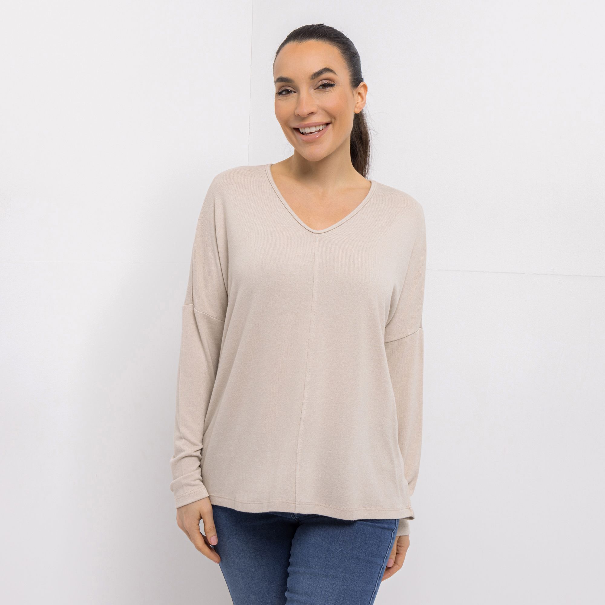 KIM & CO. Shirt, Langarm Feinstrick-Optik V-Ausschnitt leger weit