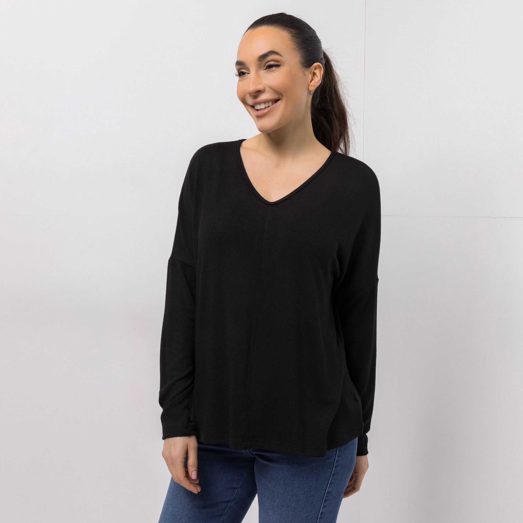 KIM & CO. Shirt, Langarm Feinstrick-Optik V-Ausschnitt leger weit