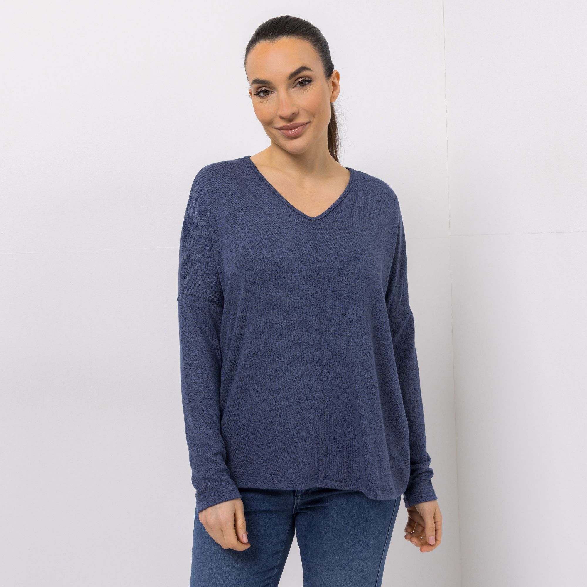 KIM & CO. Shirt, Langarm Feinstrick-Optik V-Ausschnitt leger weit