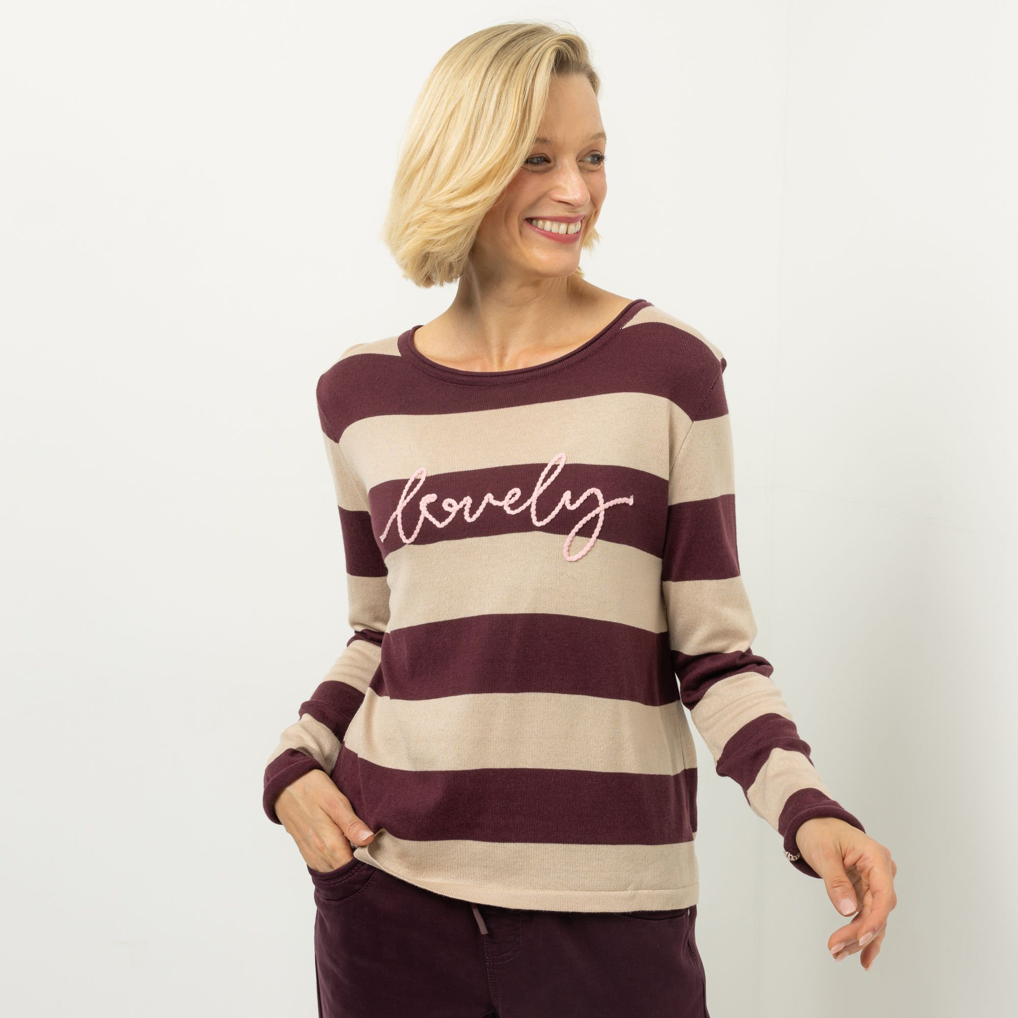 DINE 'N' DANCE Pullover Rundhalsausschnitt Schriftzug figurumspielend