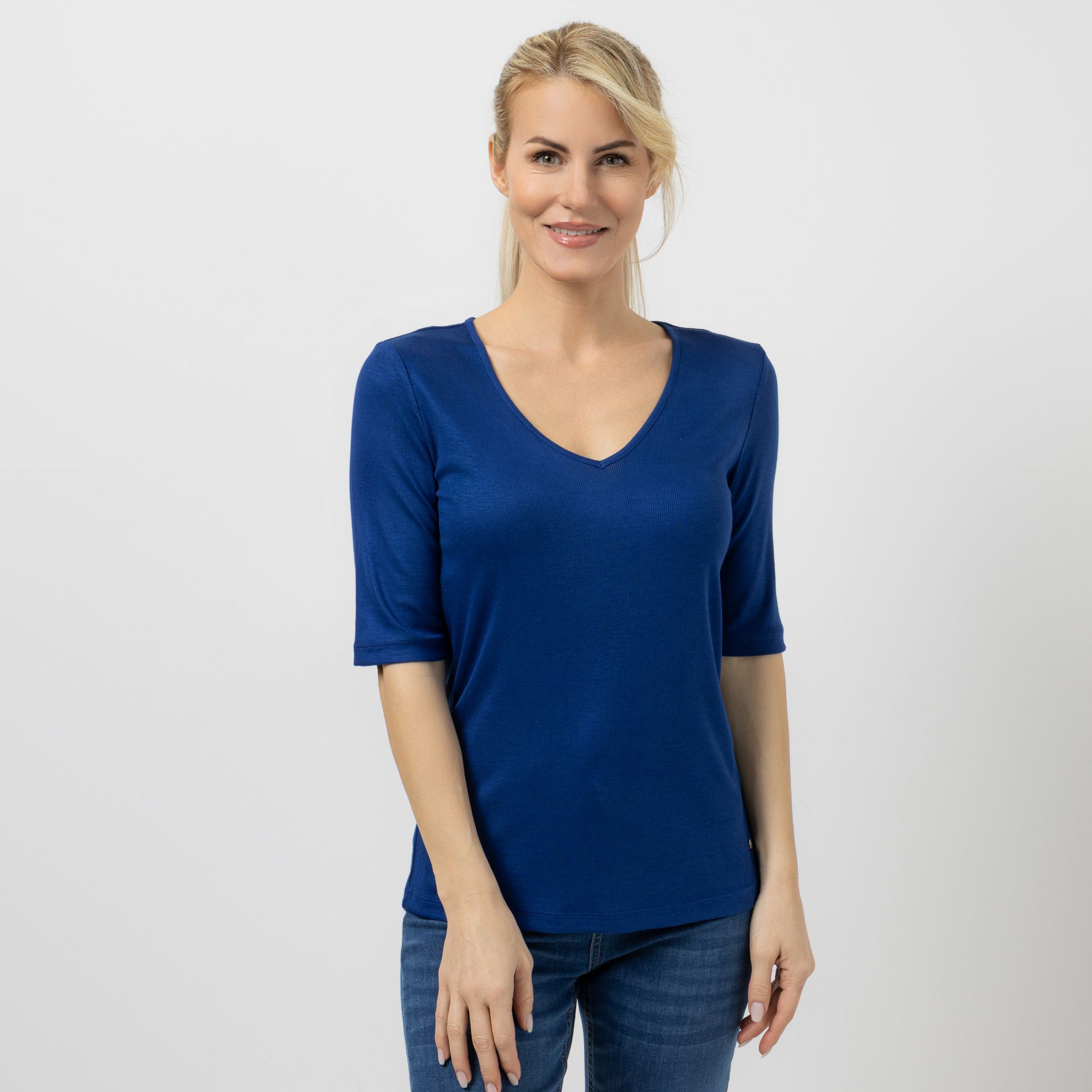 EVA LUTZ Shirt, langer 1/2 Arm V-Ausschnitt Rippen-Struktur figurbetont