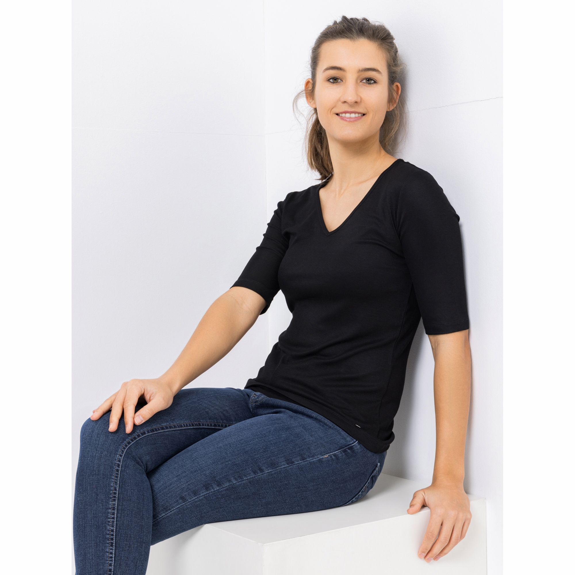 EVA LUTZ Shirt, langer 1/2 Arm V-Ausschnitt Rippen-Struktur figurbetont