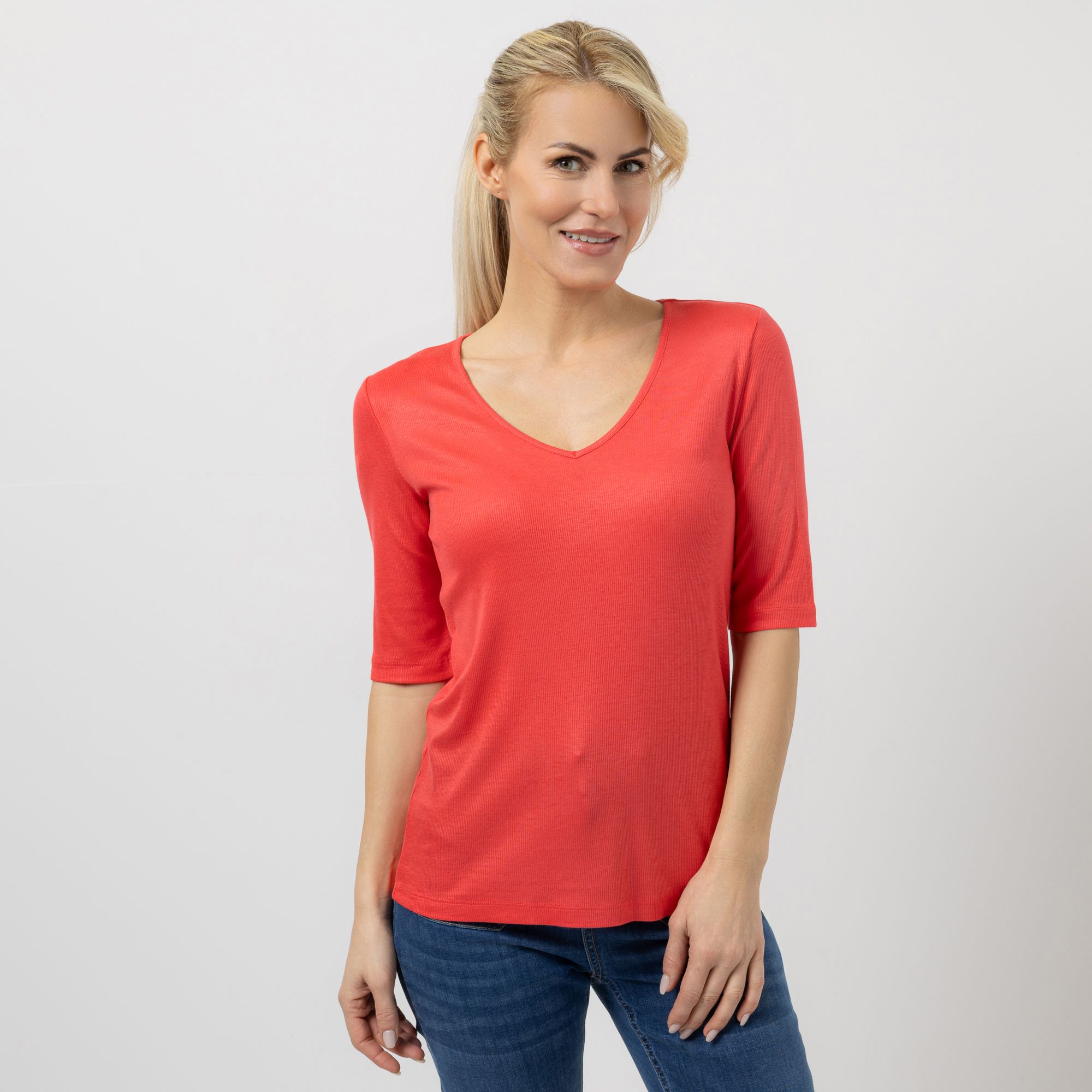 EVA LUTZ Shirt, langer 1/2 Arm V-Ausschnitt Rippen-Struktur figurbetont