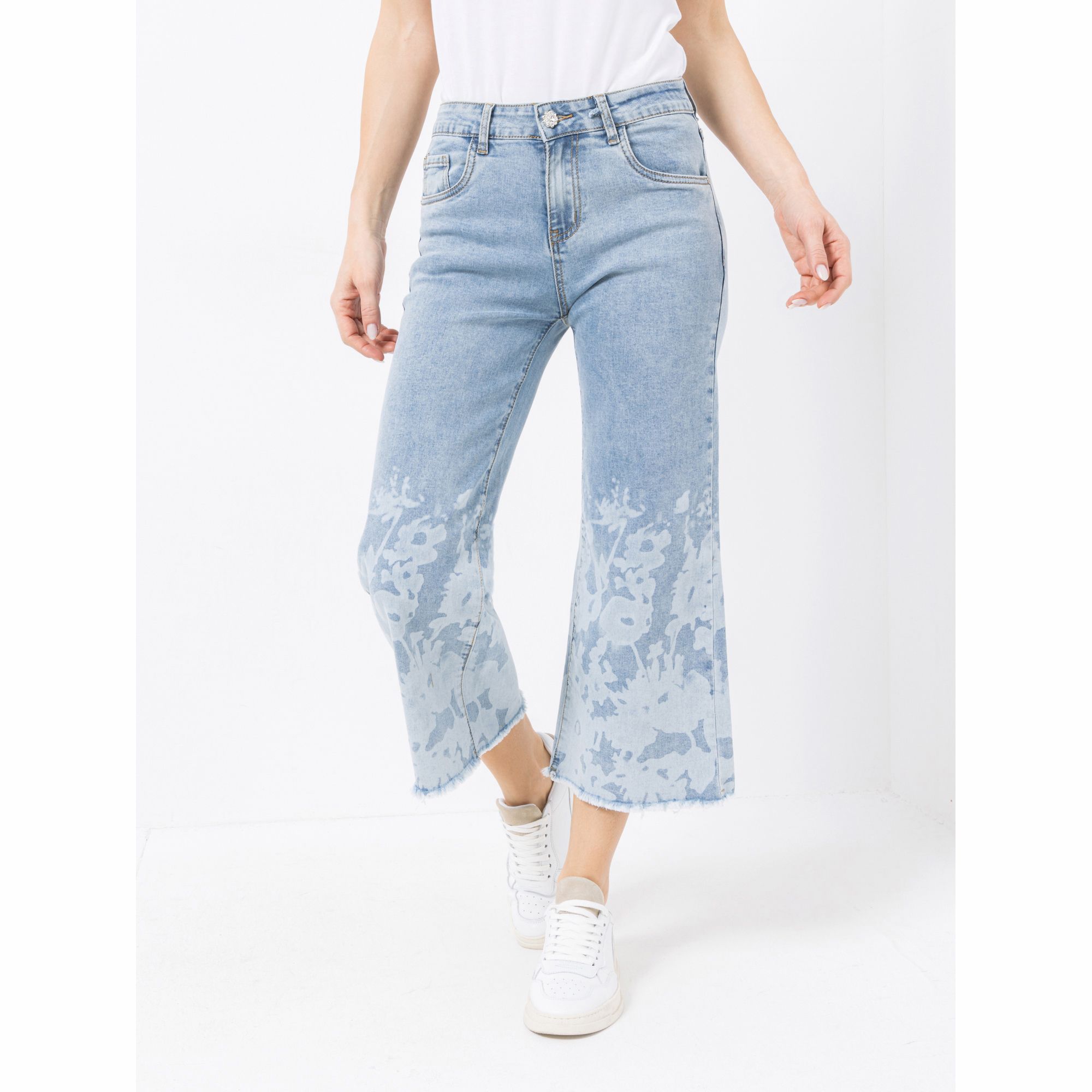 DINE 'N' DANCE Jeanshose, 7/8 Länge 5-Pocket-Syle floraler Druck weites Bein