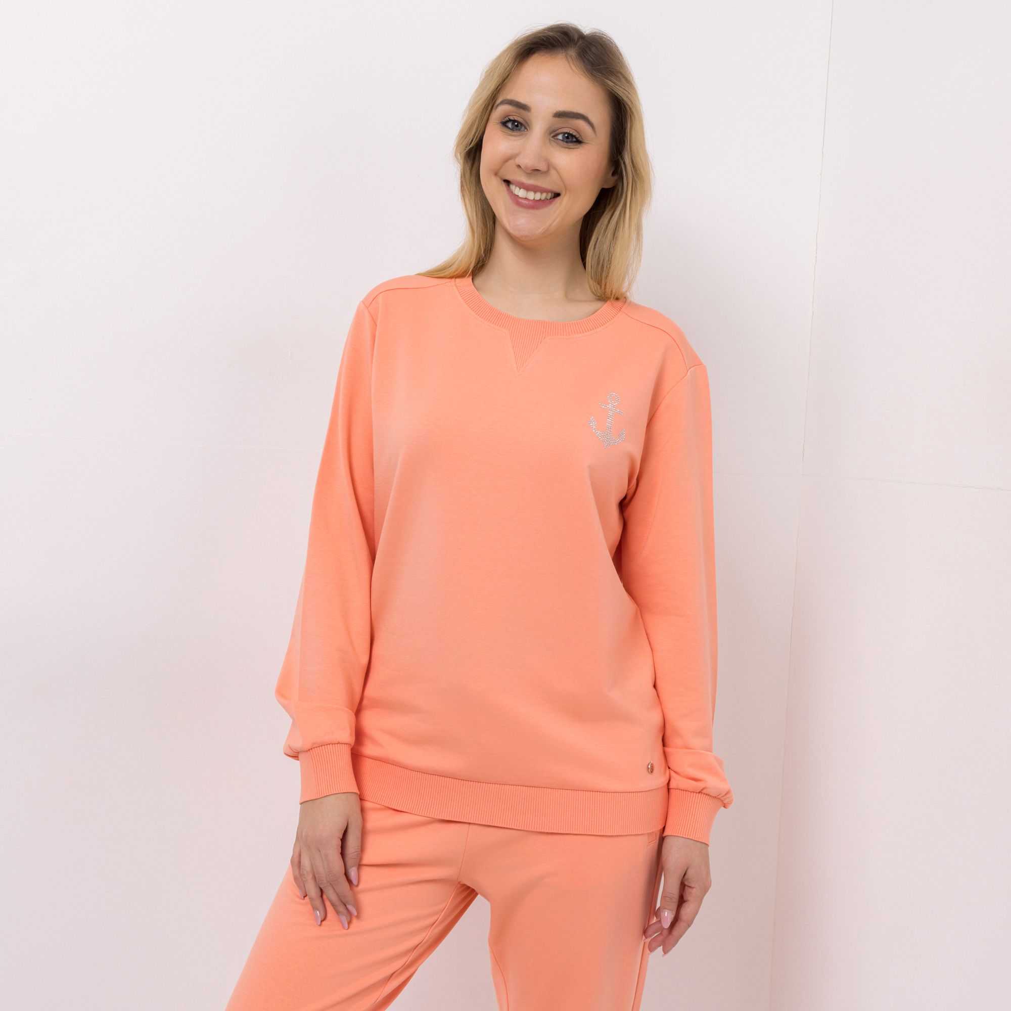 STRANDFEIN Sweatshirt Rundhalsausschnitt Strass-Details leger weit