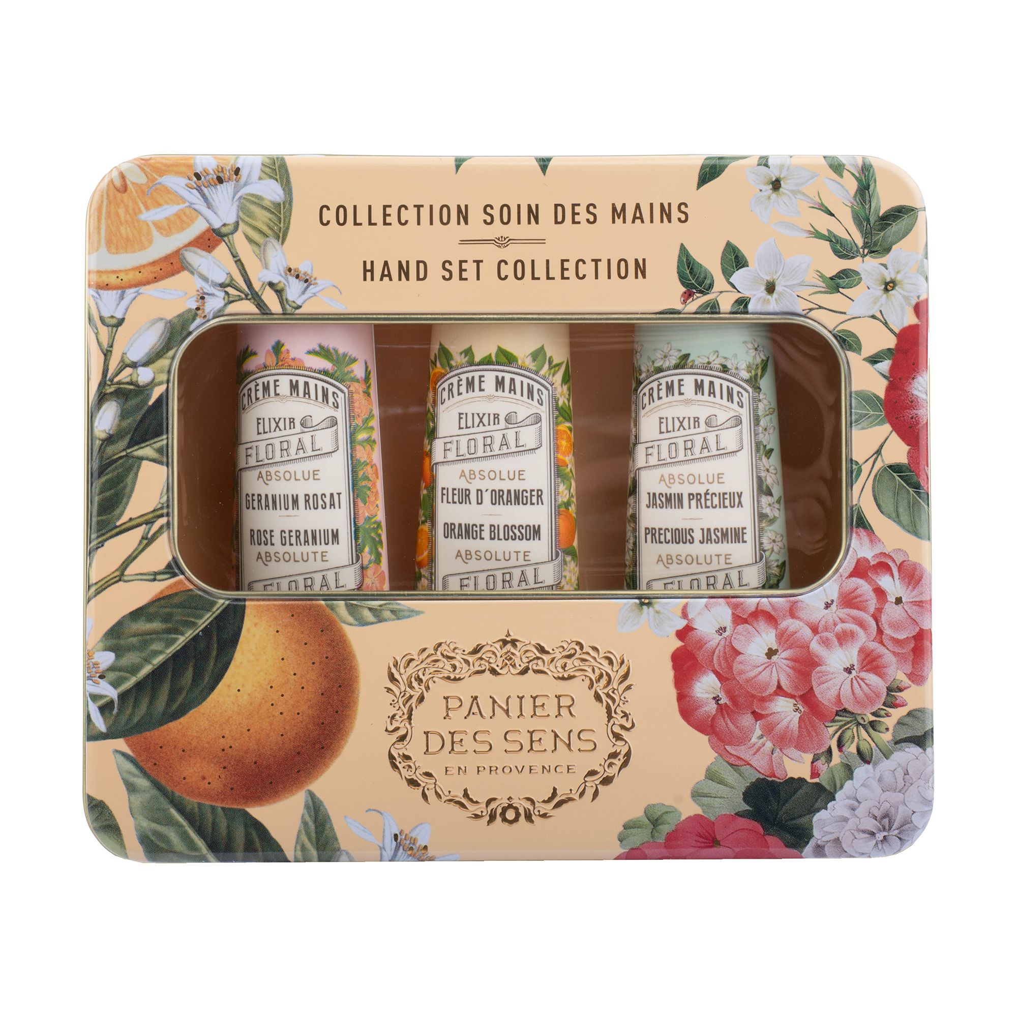 PANIER DES SENS Handcreme Set Orangenblüte, Geranie, Jasmin 3x 30ml in Metallbox