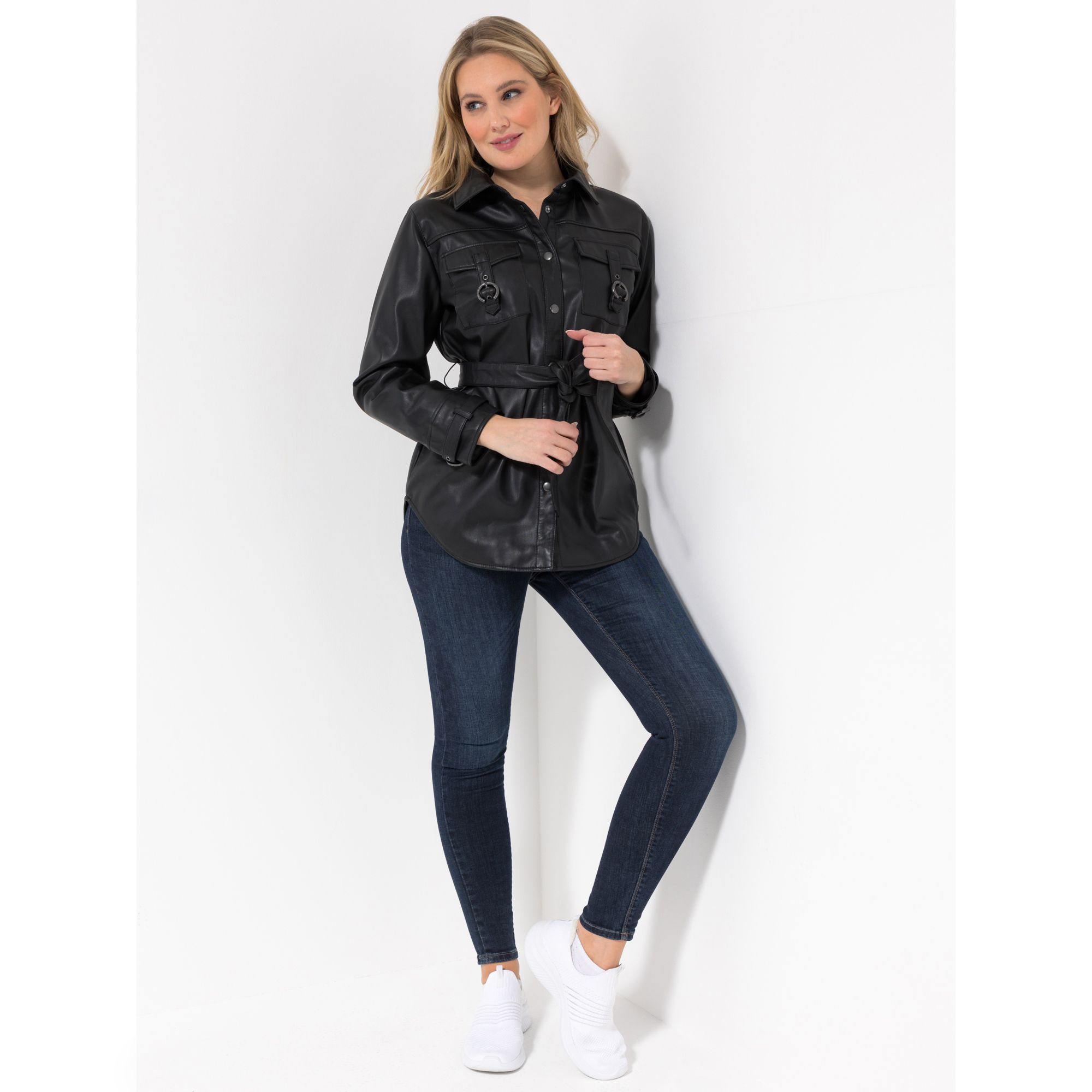 ICONIC by Marina Hoermanseder Jacke in Lederoptik Bindegürtel figurumspielend