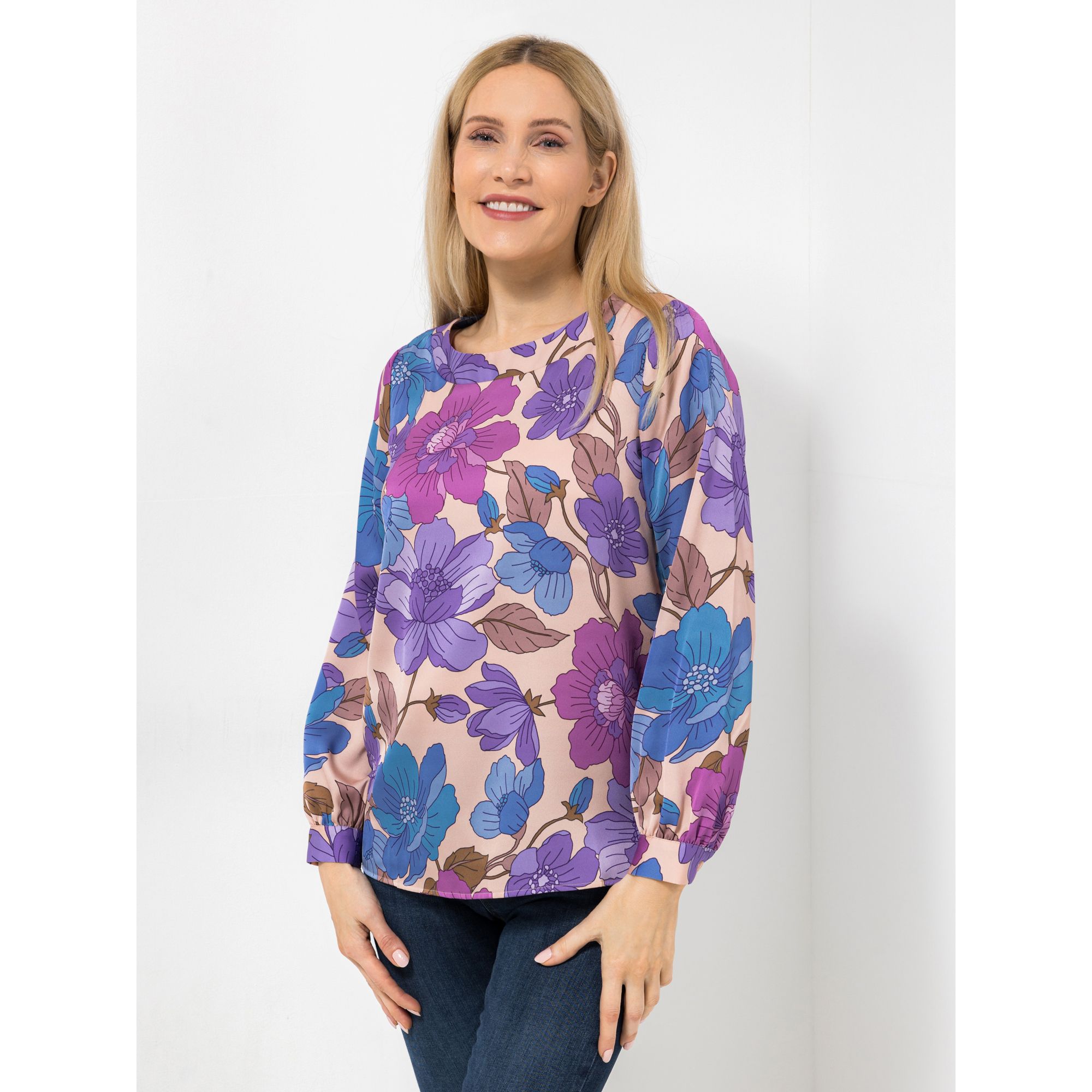 ANNI FOR FRIENDS Bluse, 1/1-Arm Rundhalsausschnitt Allover-Druck leger weit
