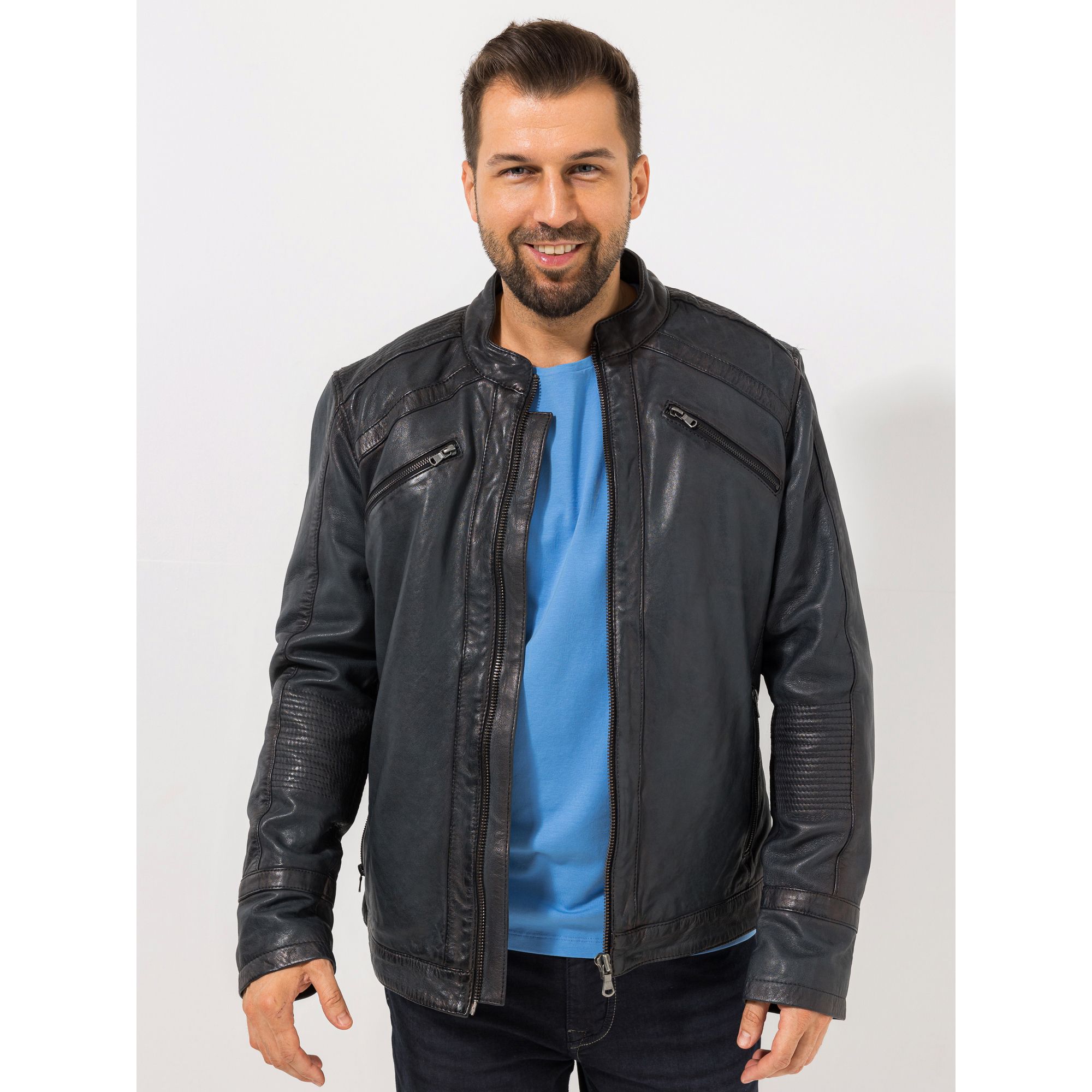 DINE 'N' DANCE Menswear Lederjacke Stehkragen Reißverschlusstaschen