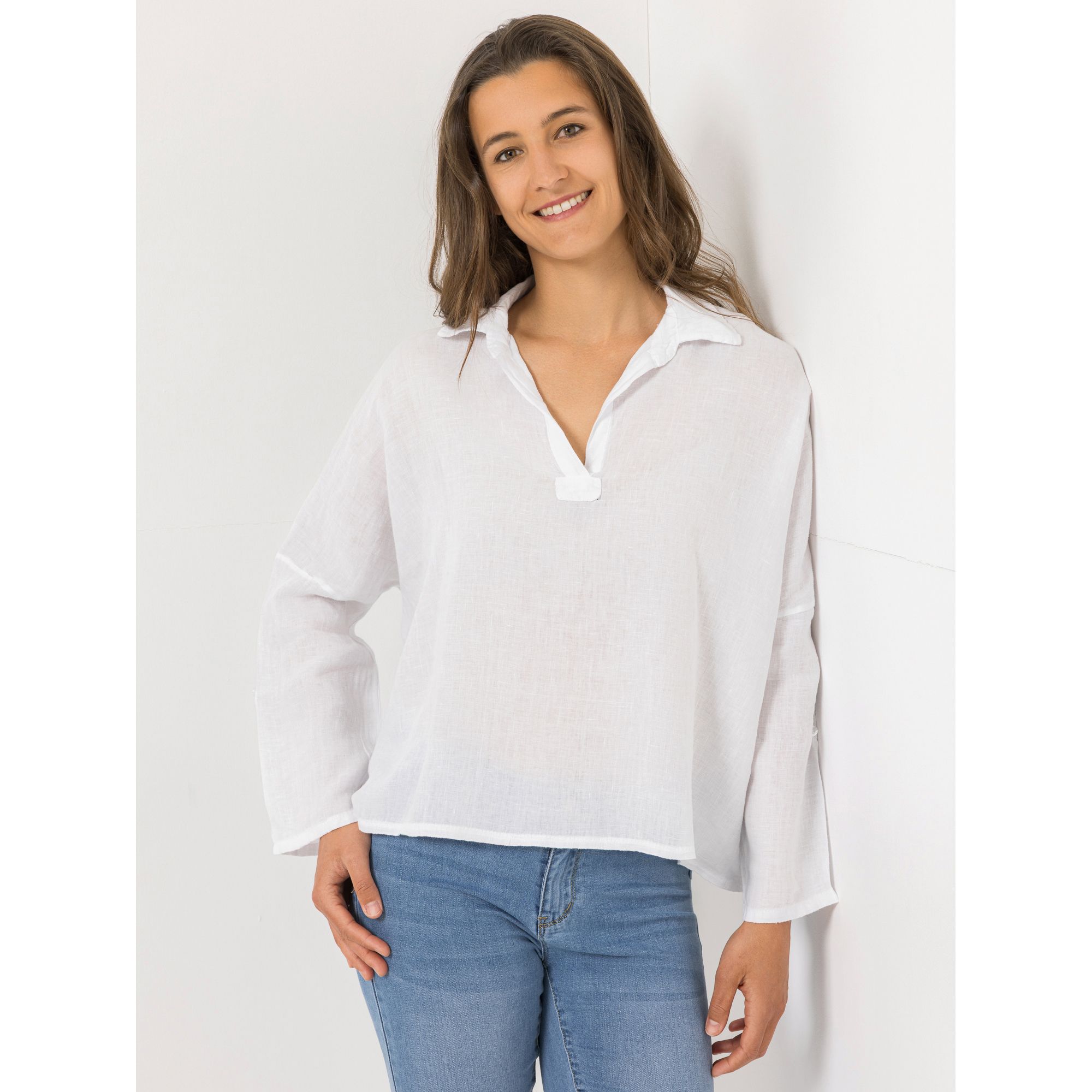 DINE 'N' DANCE Bluse, 3/4-Arm 100% Leinen Hemdblusenkragen leger weit - Oversize