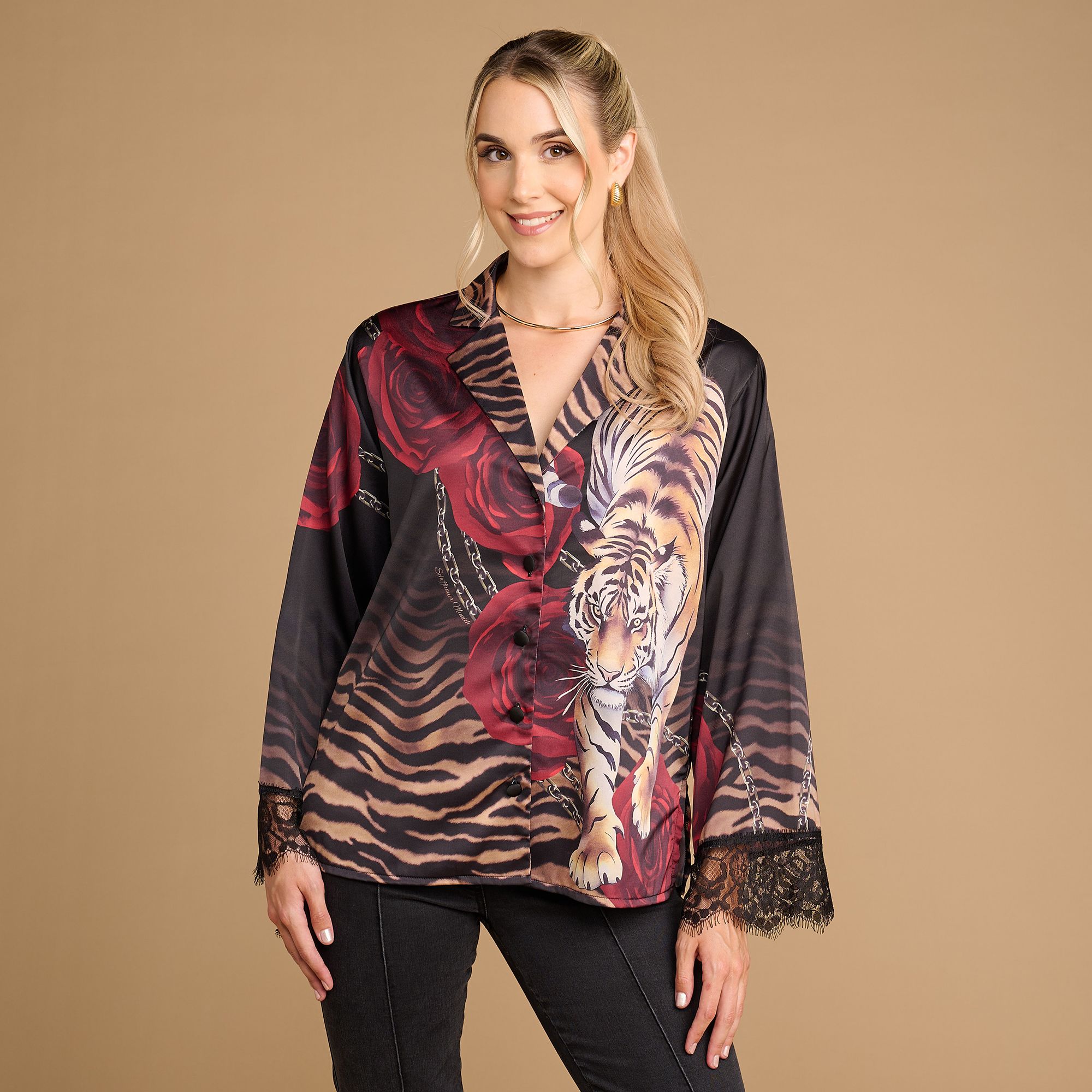 SCHIFFHAUER MUNICH® Blusenjacke Costa Rica Spitze am Ärmelsaum figurumspielend