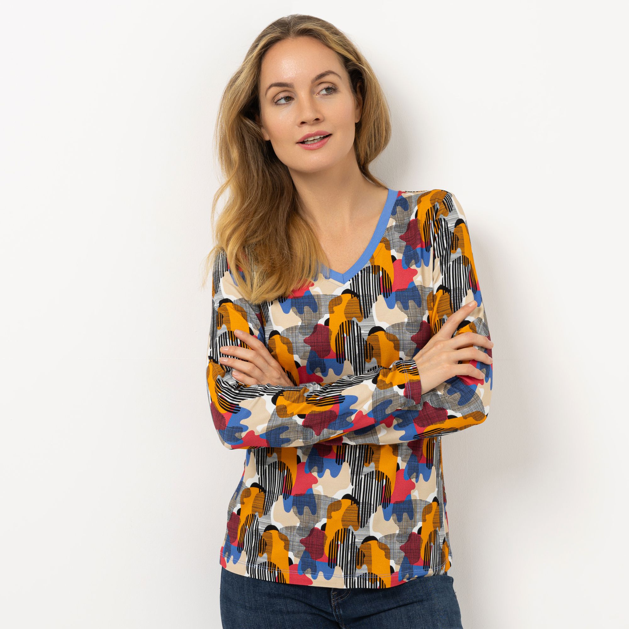 KILIAN KERNER SENSES Shirt, Langarm V-Ausschnitt Allover-Print figurumspielend