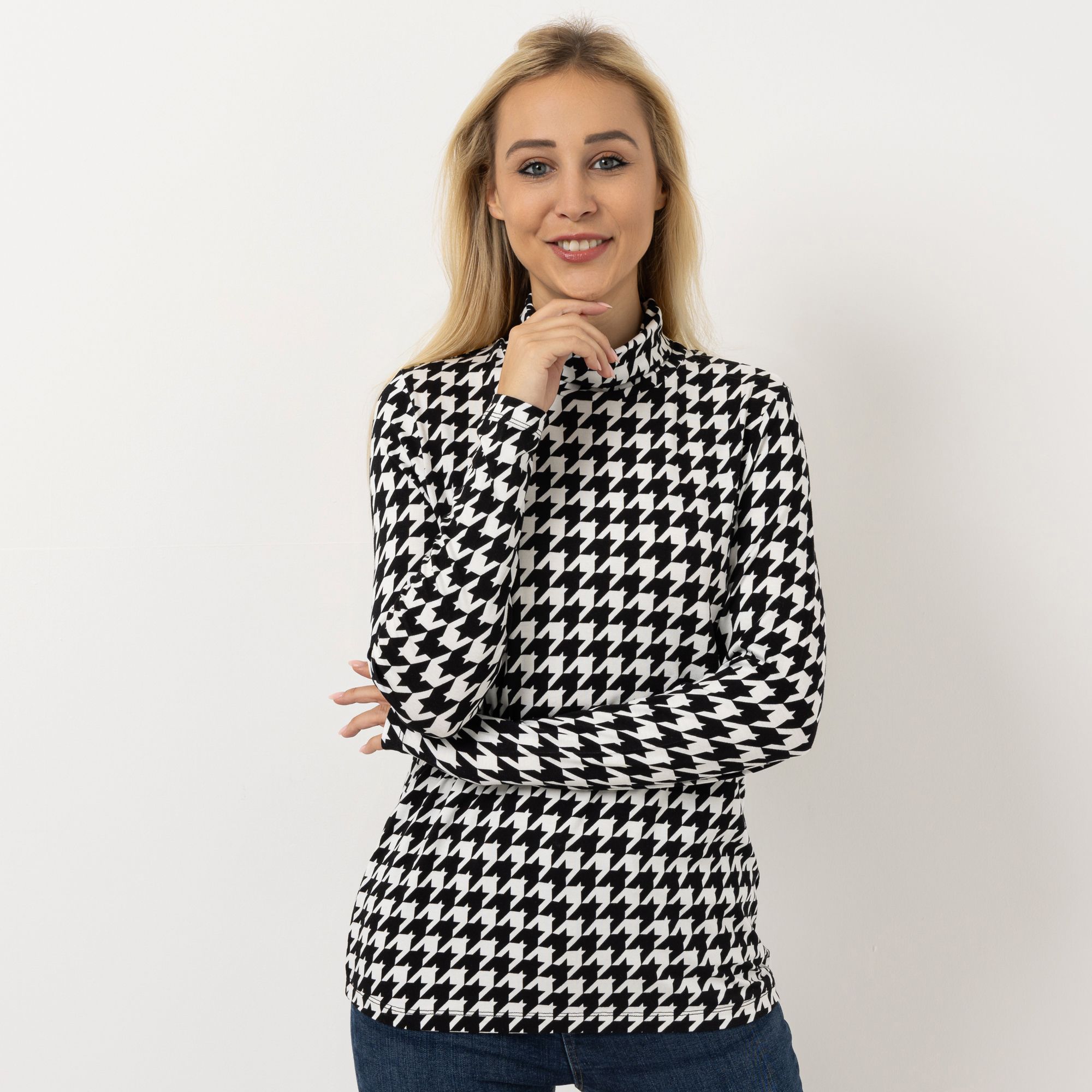 DINE 'N' DANCE Shirt, 1/1-Arm Rollkragen Allover-Druck figurumspielend