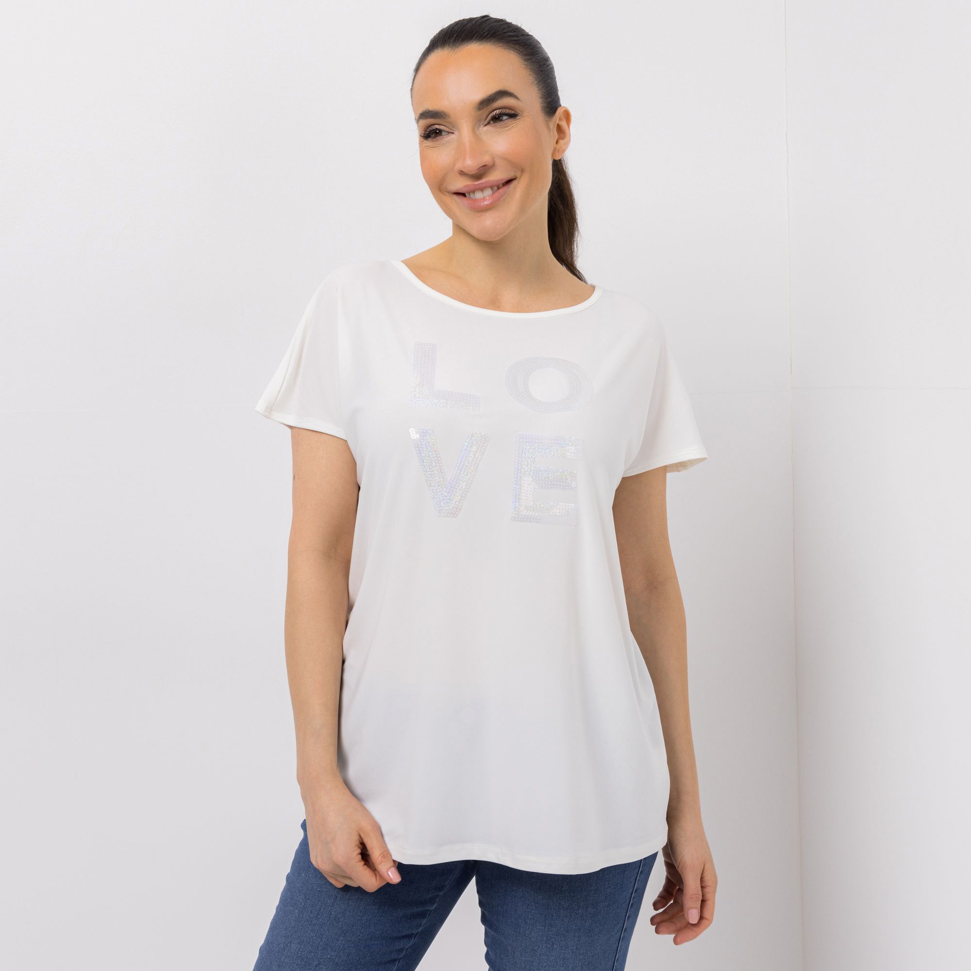 KIM & CO. Shirt, 1/4-Arm Deluxe Brazil Knit Strass-Applikation lockere Passform