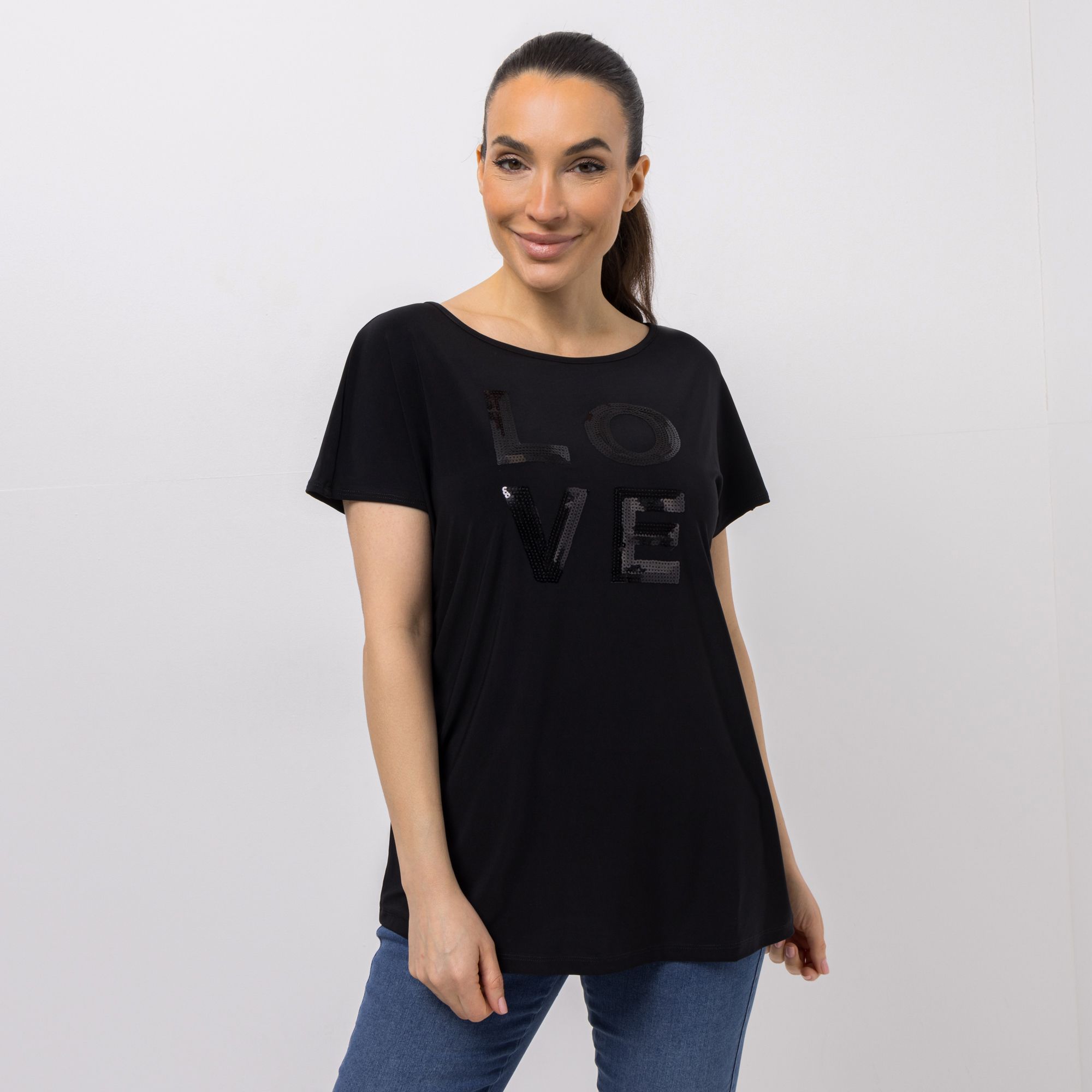 KIM & CO. Shirt, 1/4-Arm Deluxe Brazil Knit Strass-Applikation lockere Passform