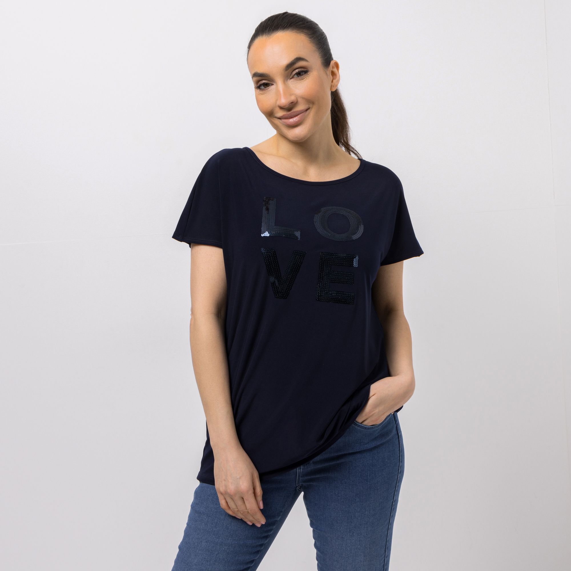 KIM & CO. Shirt, 1/4-Arm Deluxe Brazil Knit Strass-Applikation lockere Passform