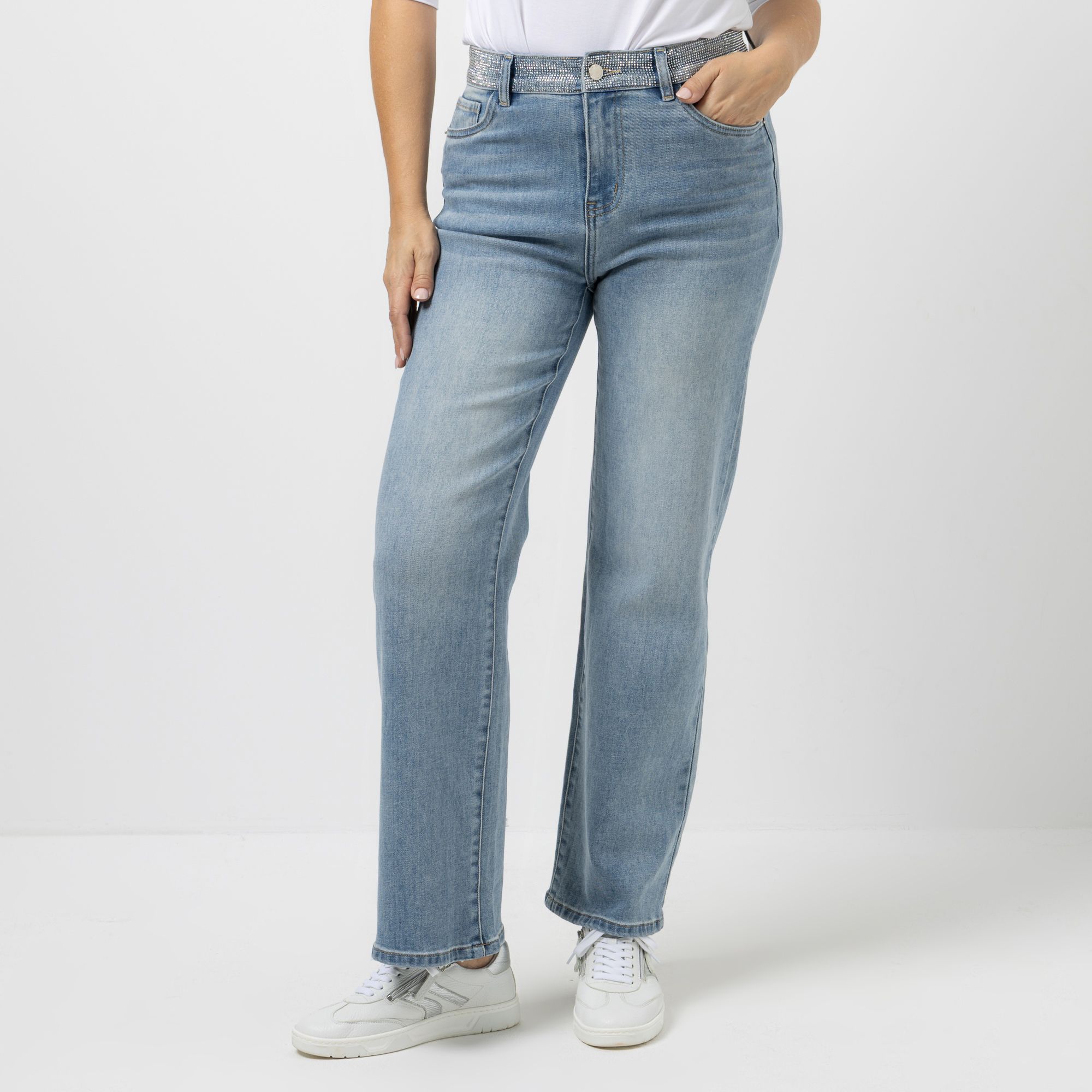 KILIAN KERNER SENSES Jeans, lange Form Strassbesetzer Bund 5-Pocket-Stil weites, gerades Bein