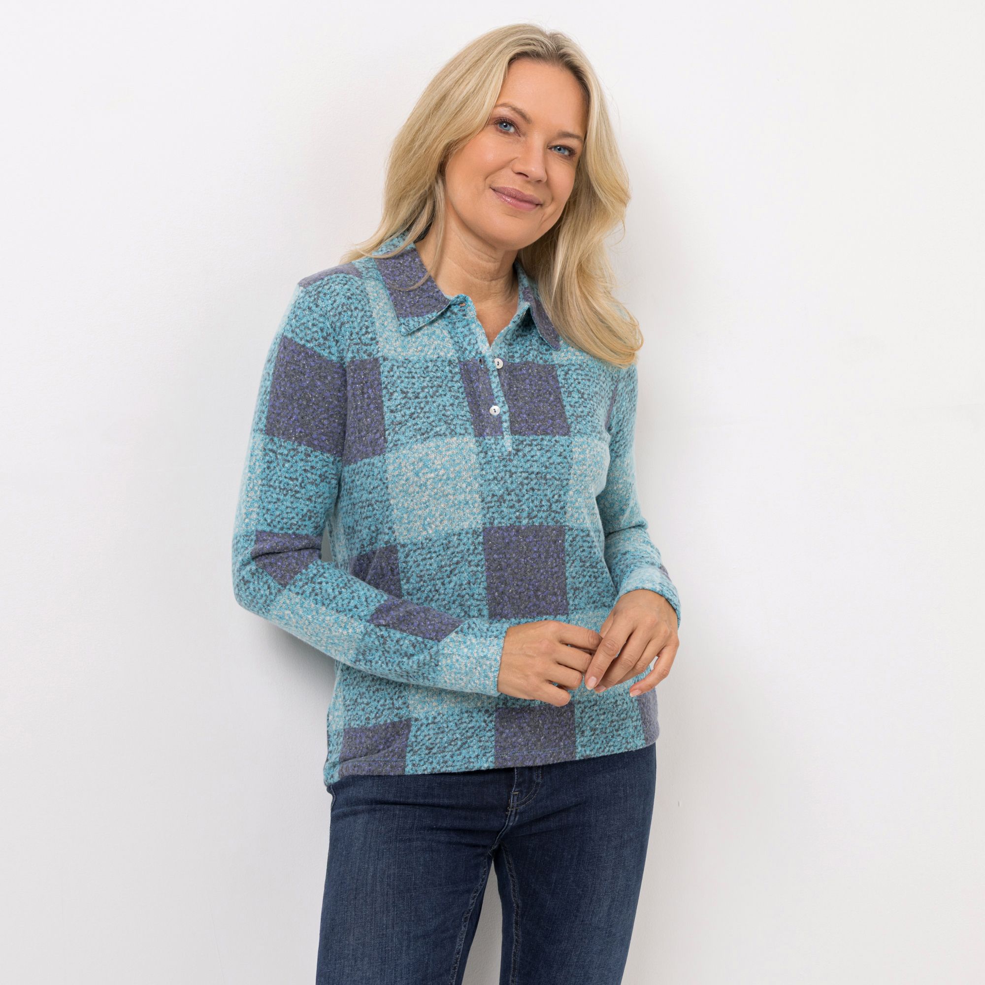 DINE 'N' DANCE Shirt, Langarm Polo-Kragen elastische Ware figurumspielend
