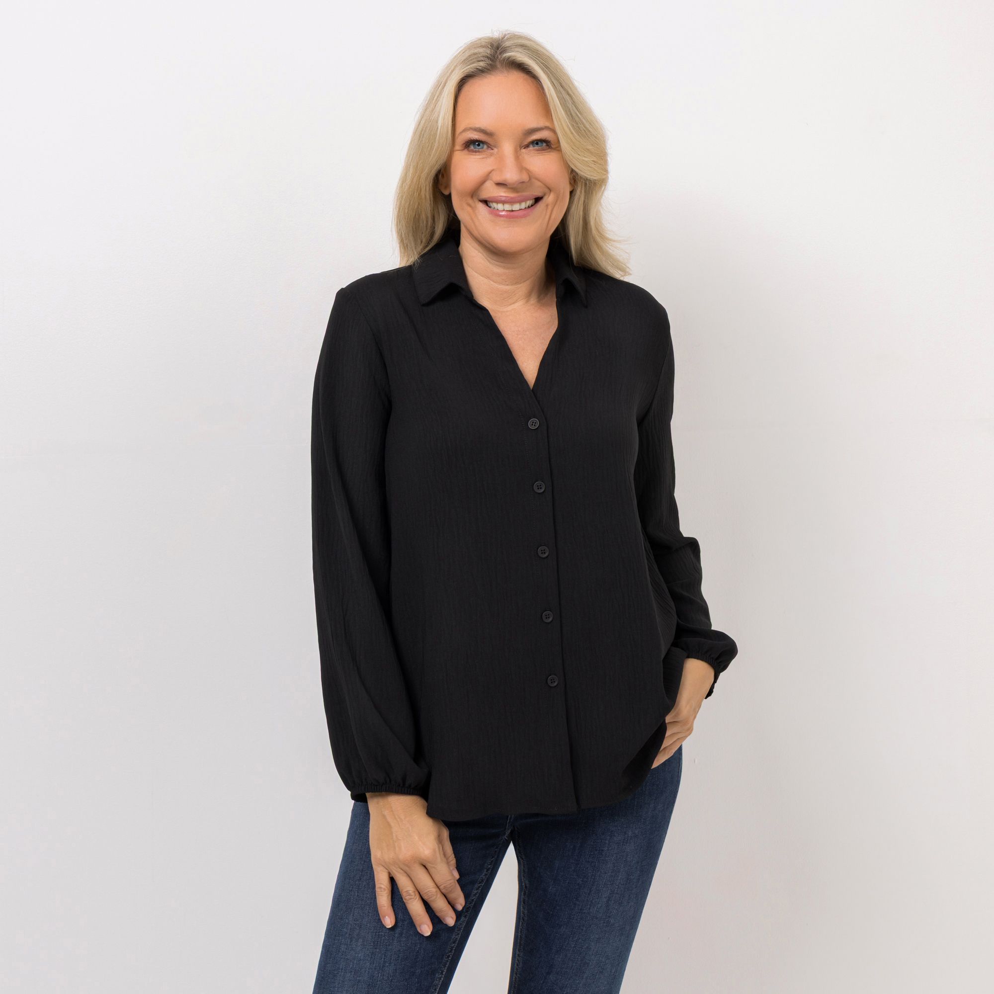 KIM & CO. Bluse, Langarm Struktur-Popeline Knopfleiste leger weit