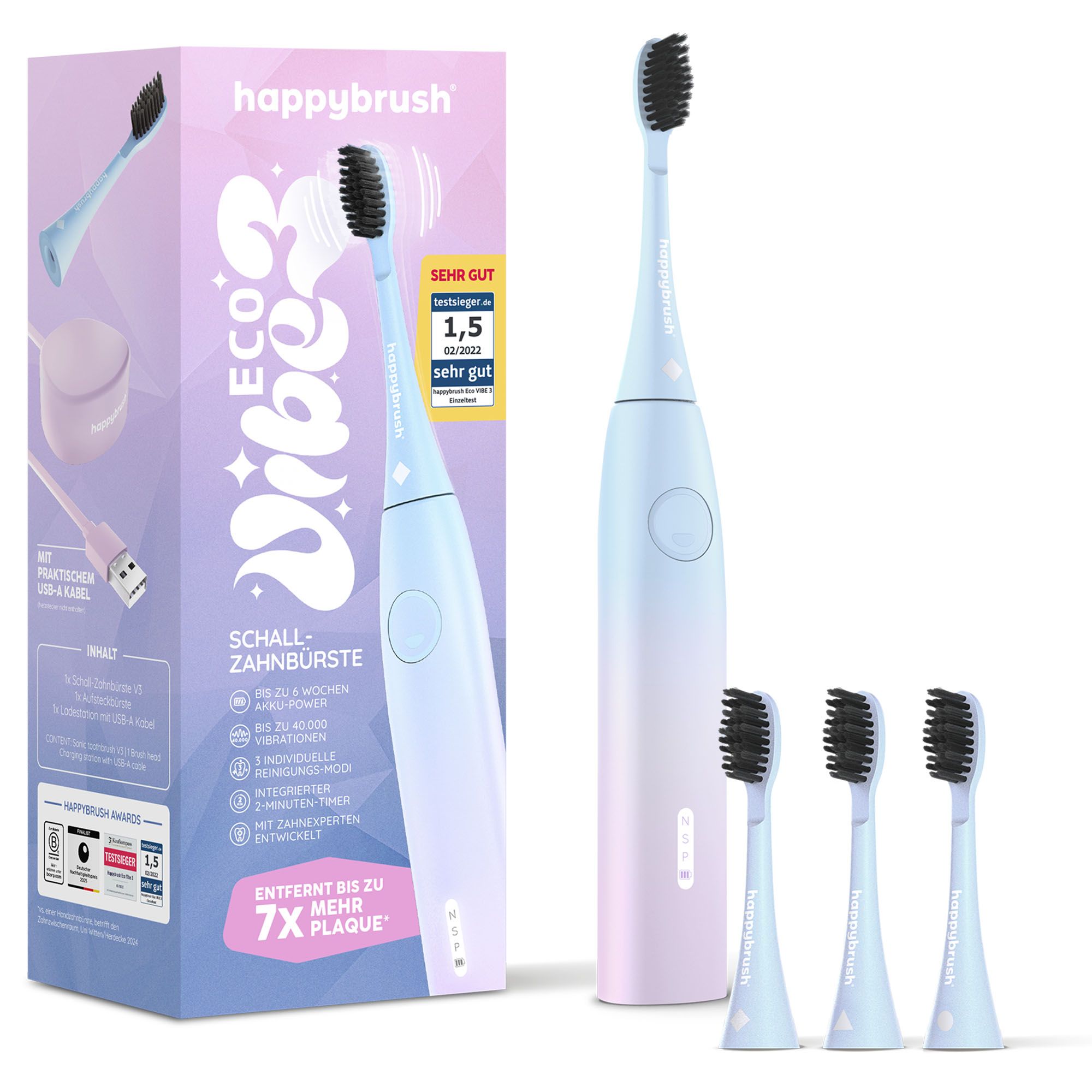HAPPYBRUSH® Schallzahnbürste ECO VIBE 3 mit 4 Aufsteckbürsten exclusiv