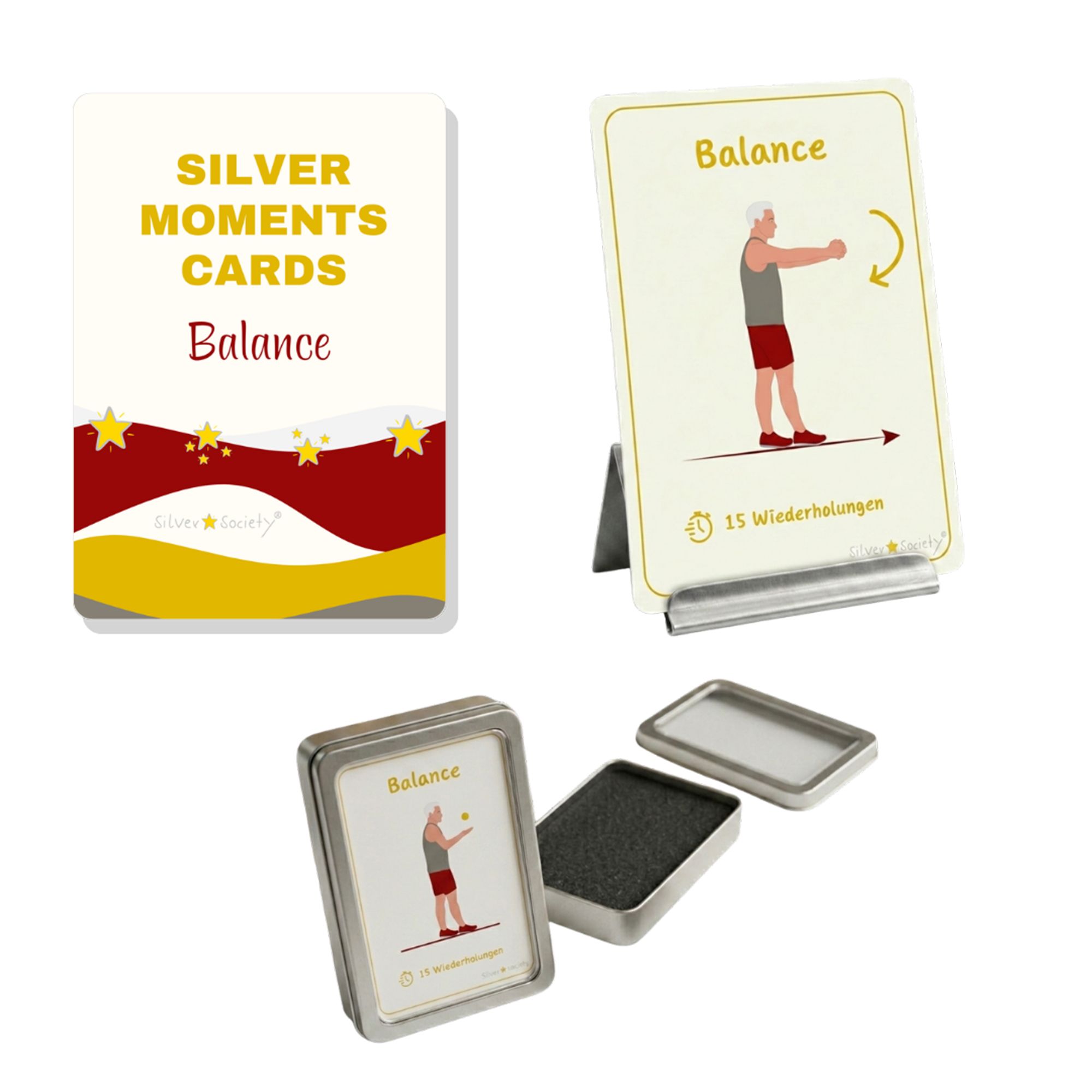 SILVER STAR SOCIETY® Balance Übungskarten Set inkl. Kartenhalter, Aufbewahrungsbox